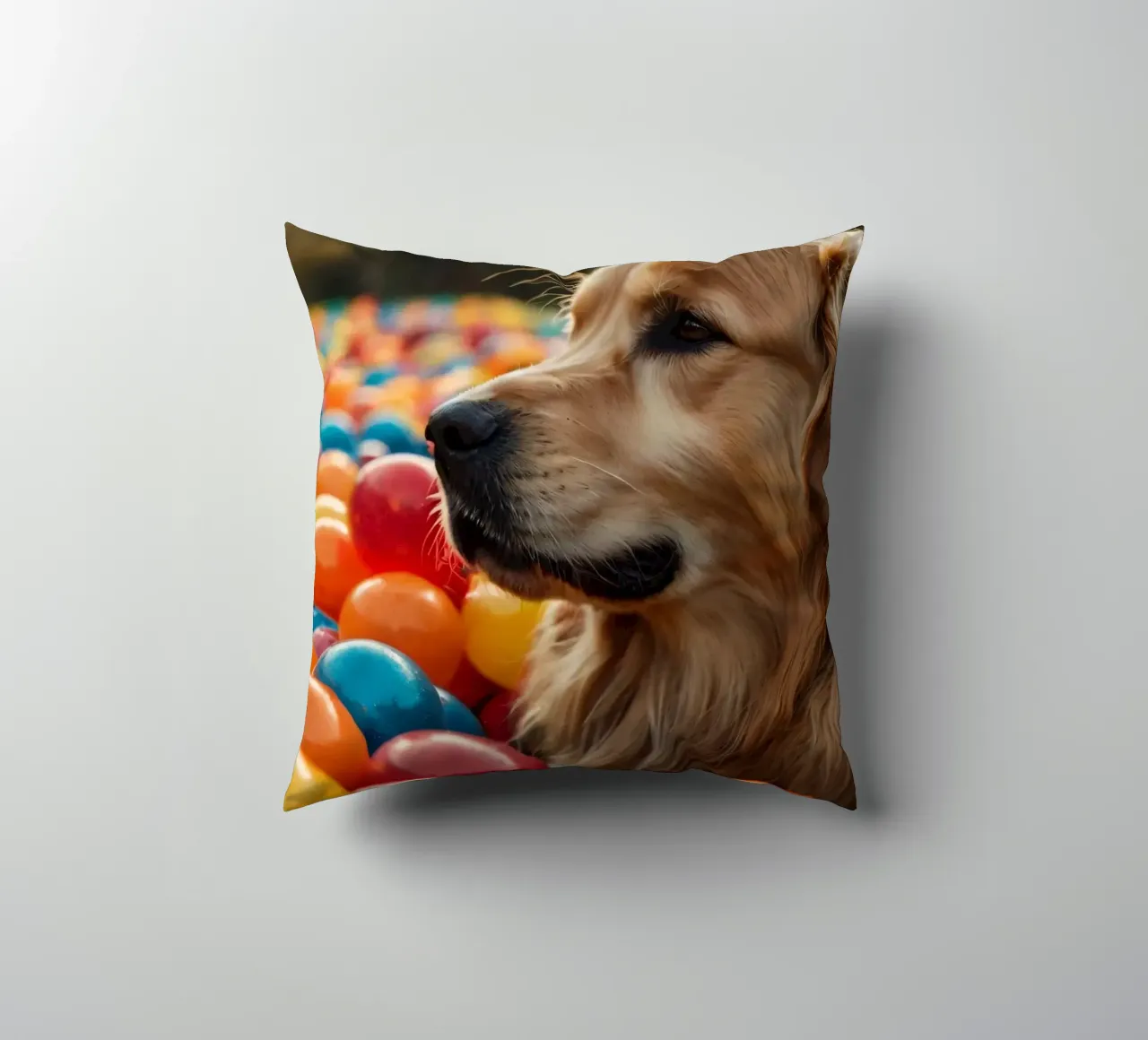 Golden retriever che gioca tra palline di plastica colorate cuscino da DesignDoodle