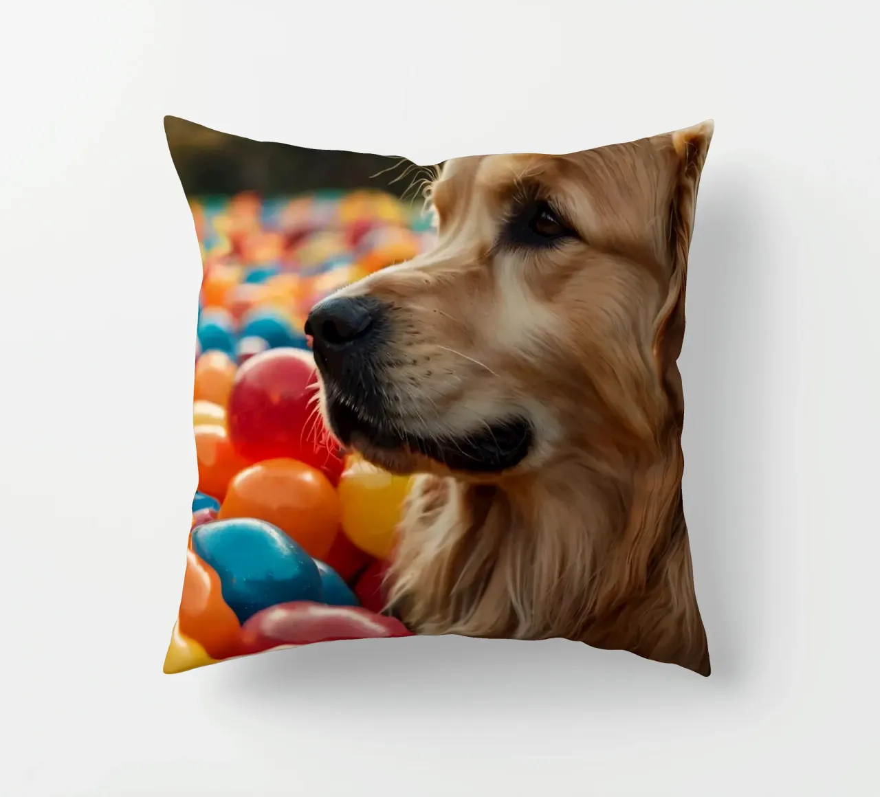 Golden retriever che gioca tra palline di plastica colorate cuscino da DesignDoodle