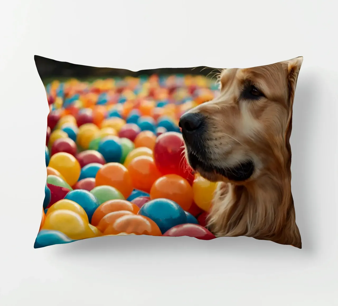 Golden retriever che gioca tra palline di plastica colorate cuscino da DesignDoodle