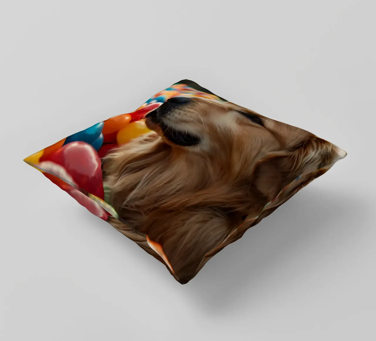 Golden retriever che gioca tra palline di plastica colorate cuscino da DesignDoodle