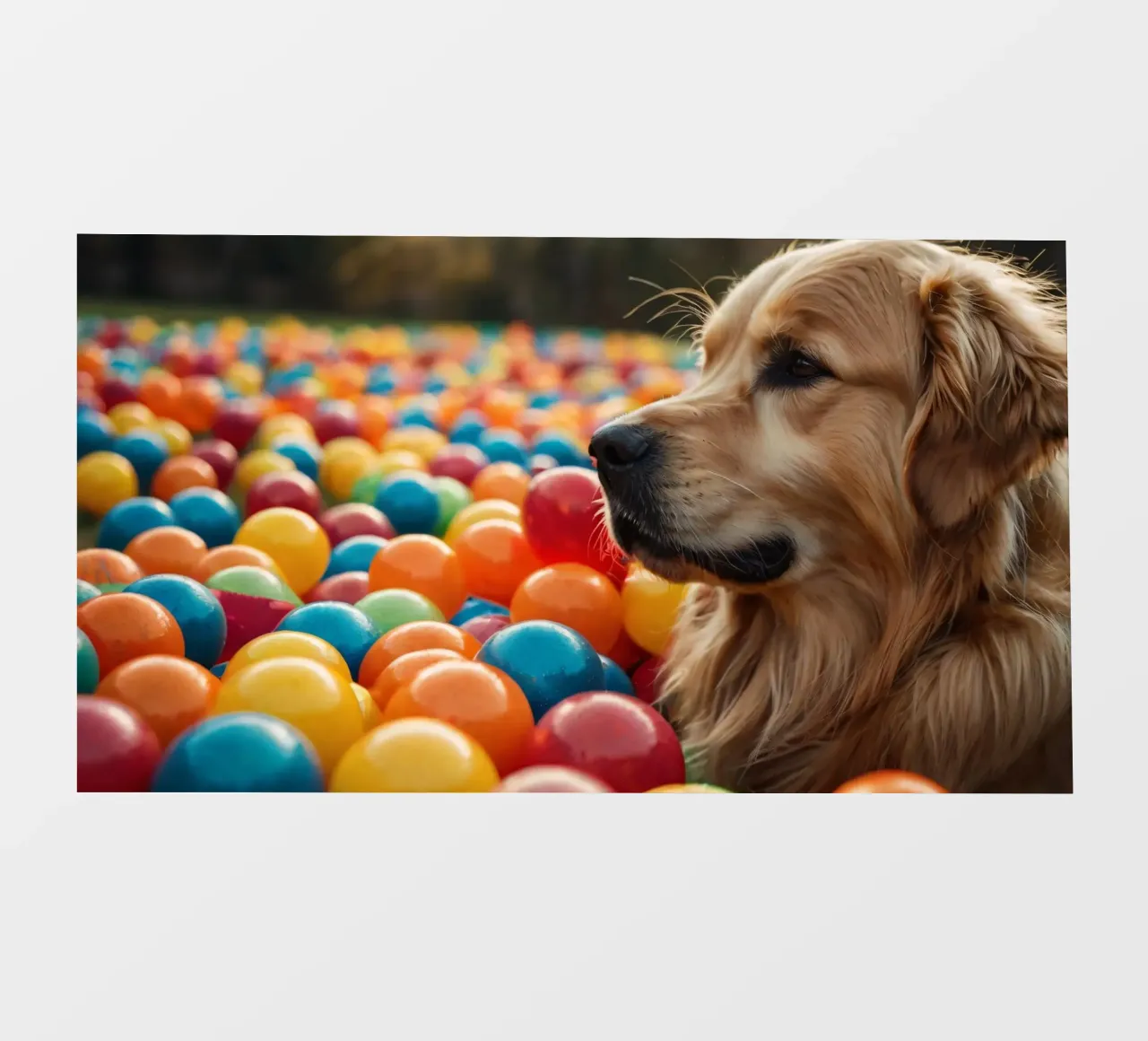 Golden retriever che gioca tra palline di plastica colorate pellicola backlit da DesignDoodle