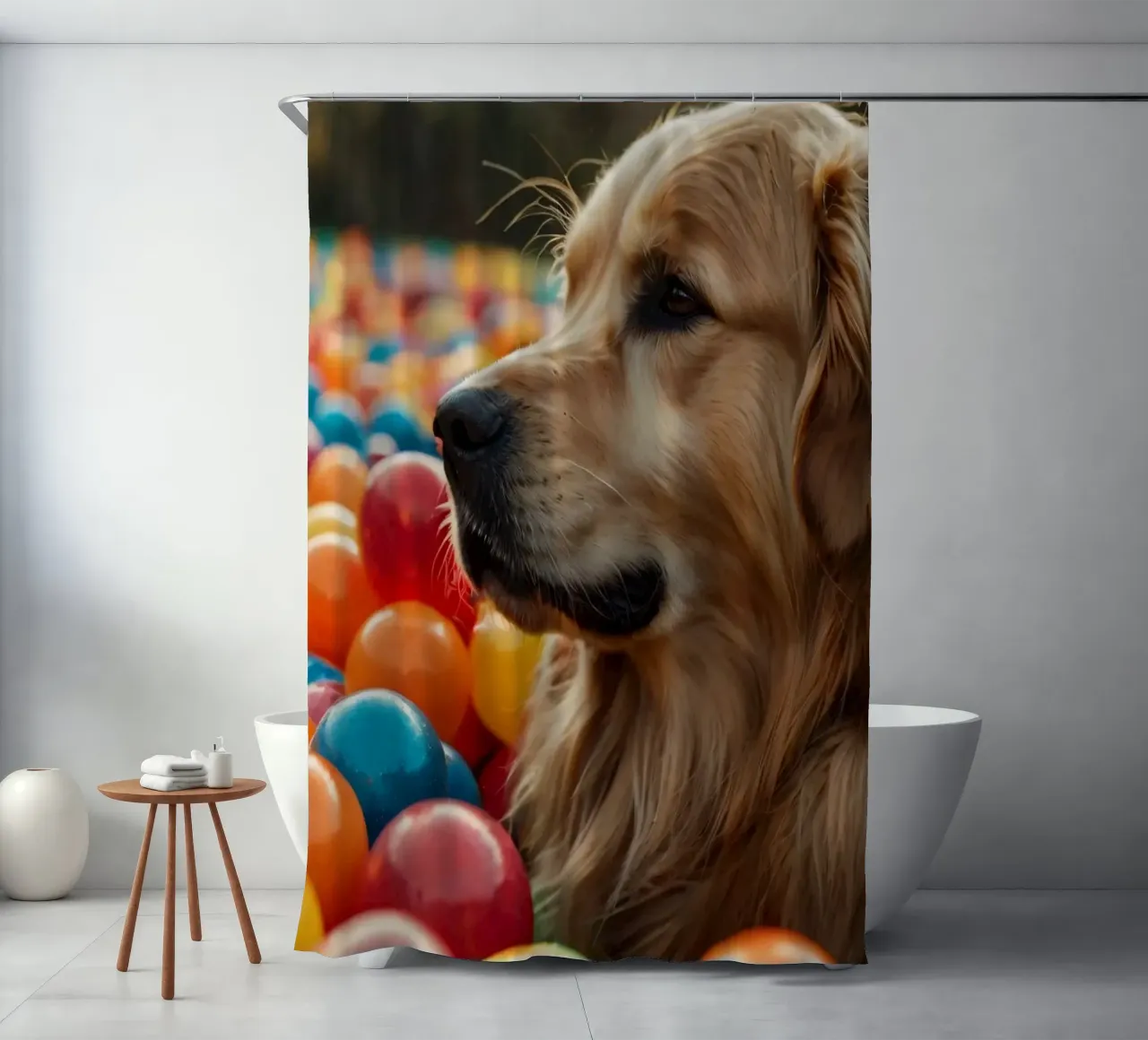 Golden retriever che gioca tra palline di plastica colorate tenda da doccia da DesignDoodle