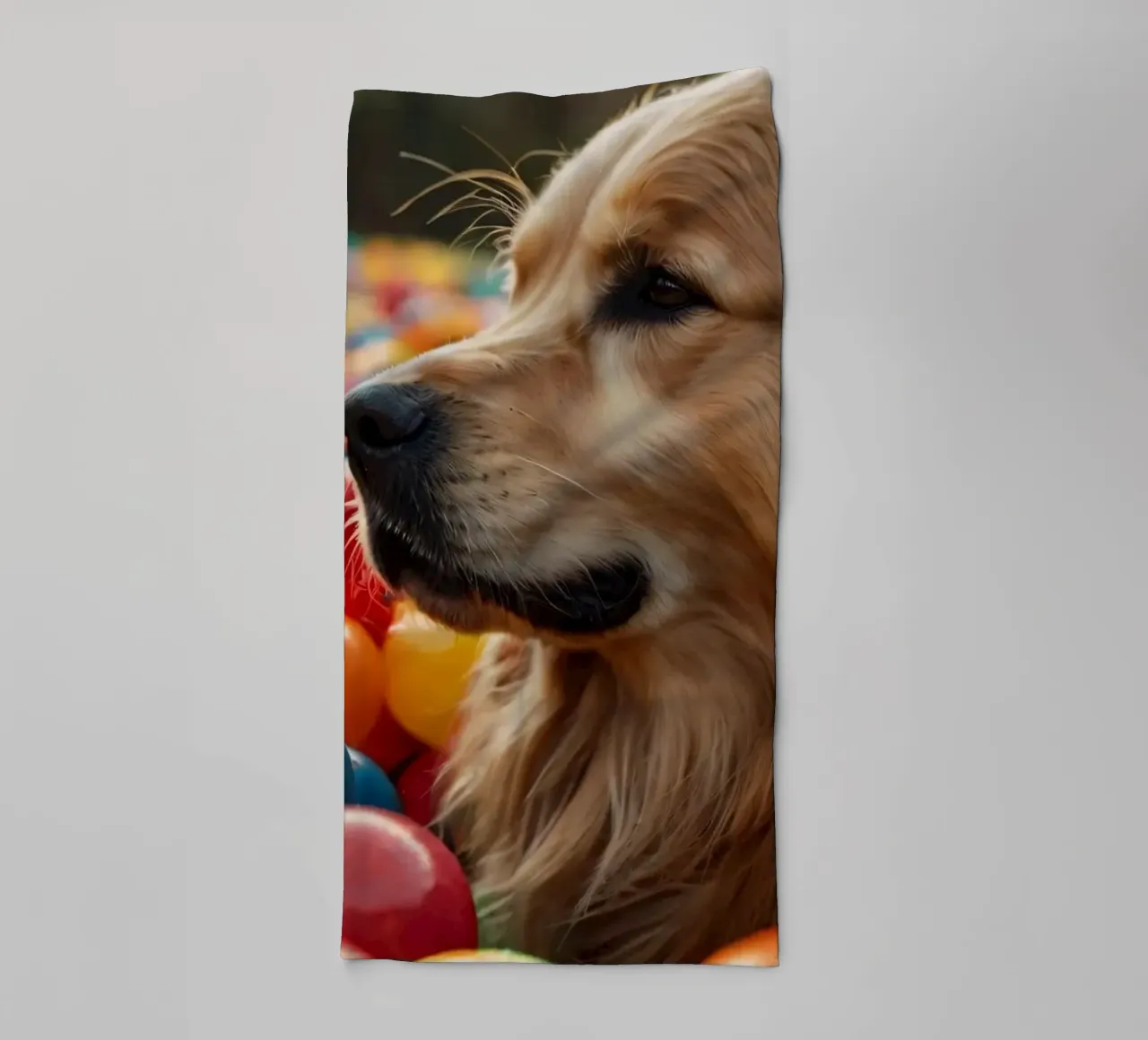 Golden retriever che gioca tra palline di plastica colorate asciugamano da bagno da DesignDoodle