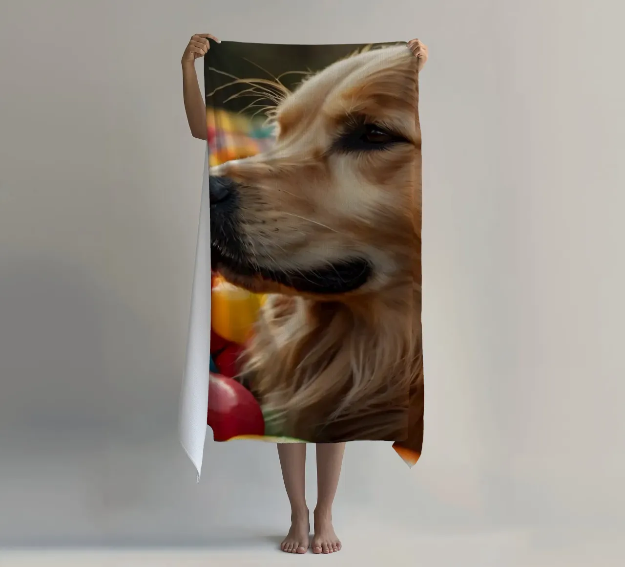 Golden retriever che gioca tra palline di plastica colorate telo mare da DesignDoodle