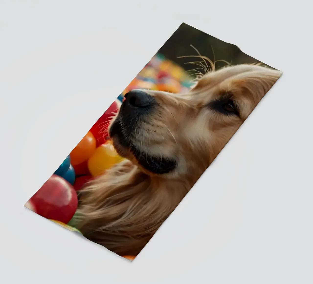 Golden retriever che gioca tra palline di plastica colorate telo mare da DesignDoodle