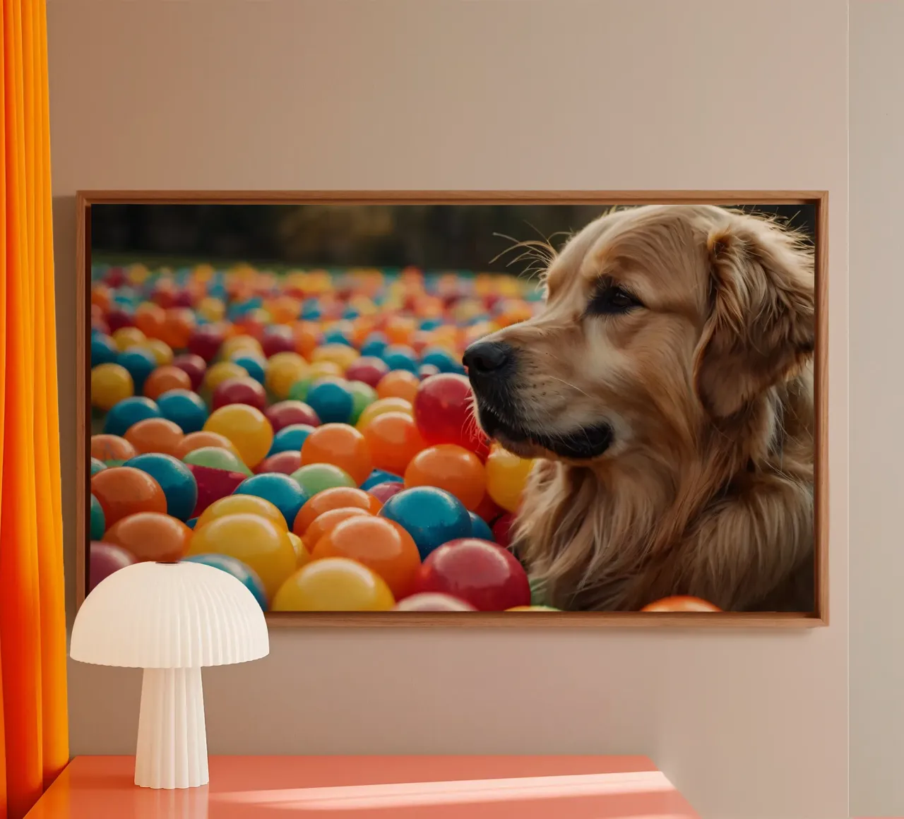 Golden retriever che gioca tra palline di plastica colorate tela con Cornice a cassetta da DesignDoodle