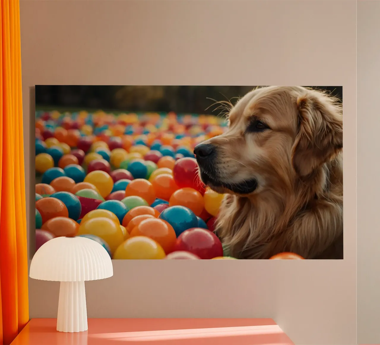 Golden retriever che gioca tra palline di plastica colorate tela con Cornice a cassetta da DesignDoodle