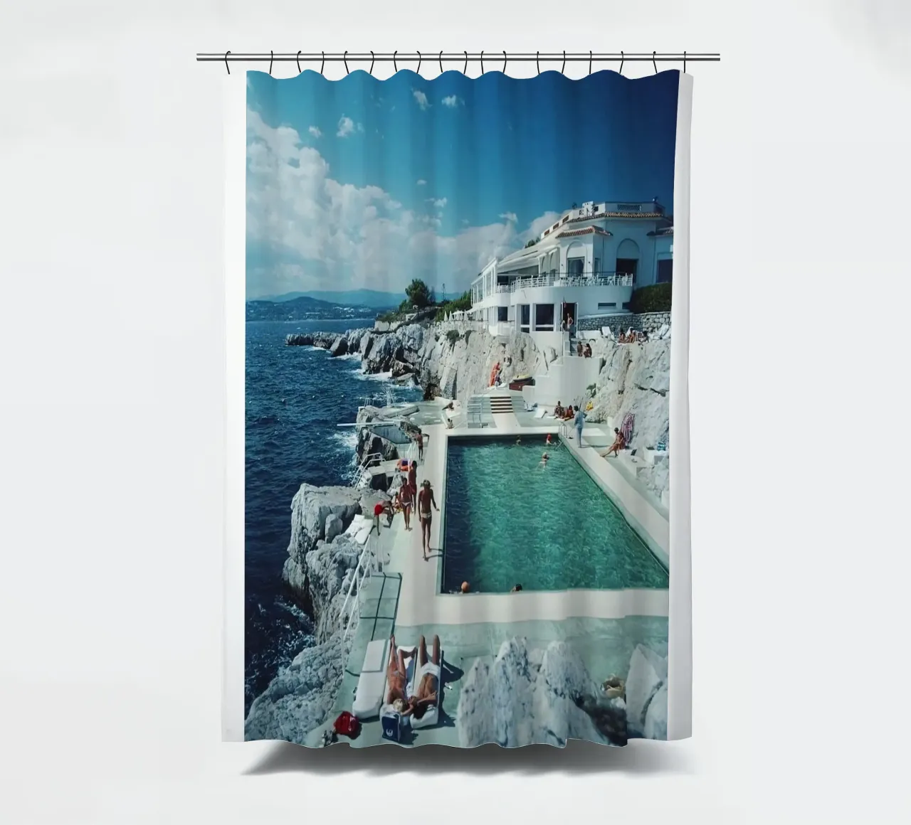 Sunbathing at the Beachside Pool Antibes, 1976 - Slim Aarons shower curtain by The Poster UK