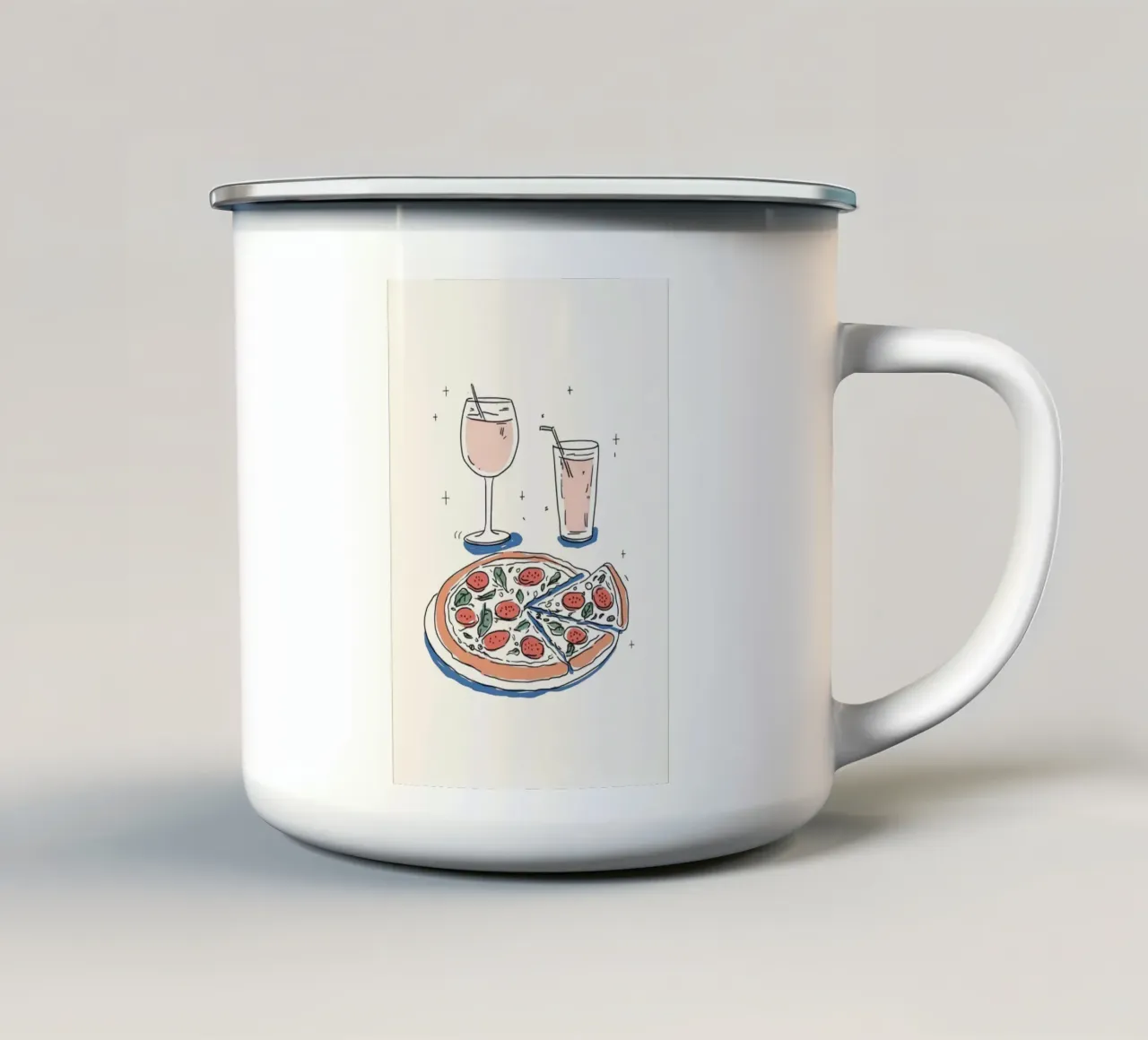 Illustrazione di pizza e bevande tazza in smalto da Melloi Art Print