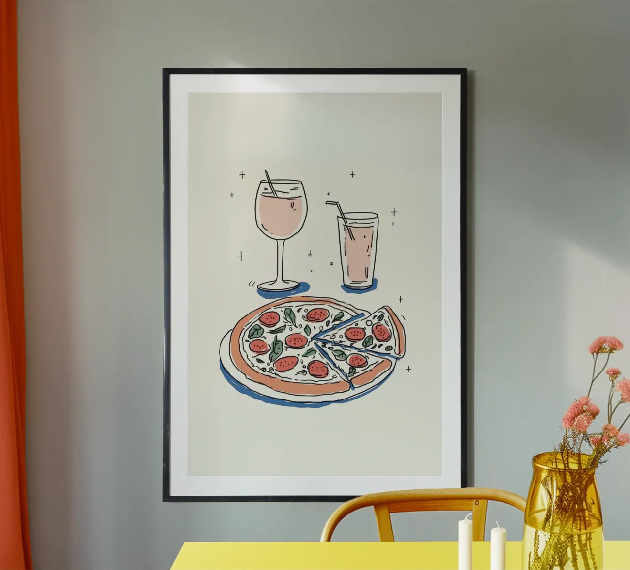 Illustrazione di pizza e bevande poster con telaio in legno da Melloi Art Print