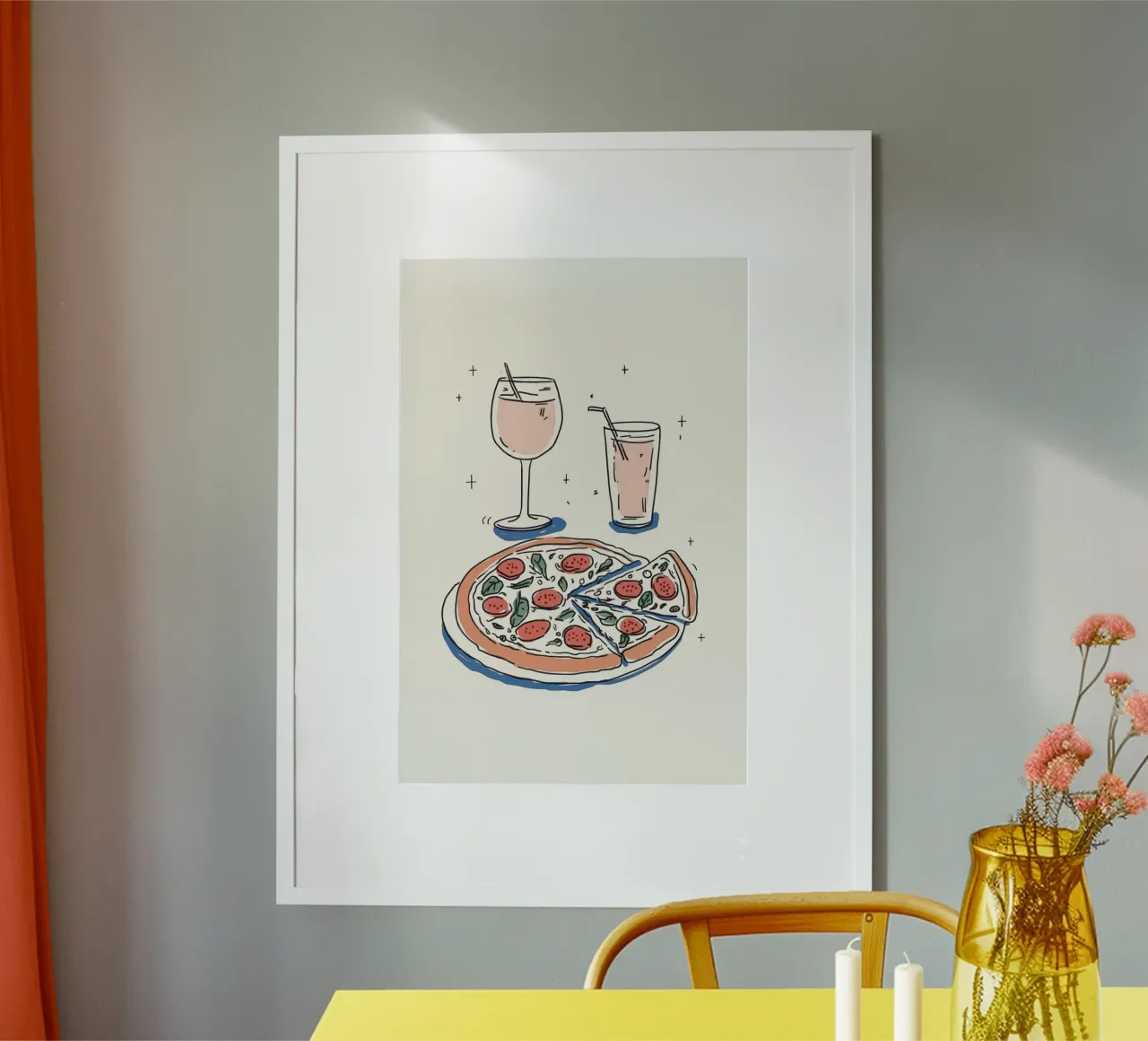 Illustrazione di pizza e bevande poster con telaio in legno da Melloi Art Print