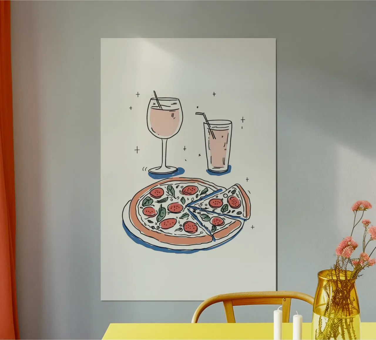 Illustrazione di pizza e bevande poster con telaio in legno da Melloi Art Print