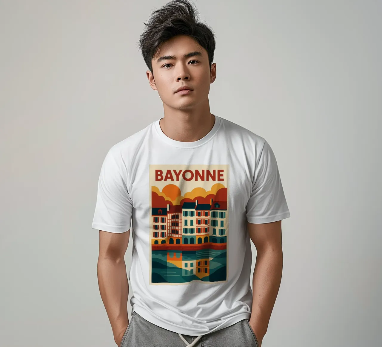 Bayonne, reflections of the South-West on the façade t-shirt by JETLAG | affiches voyage
