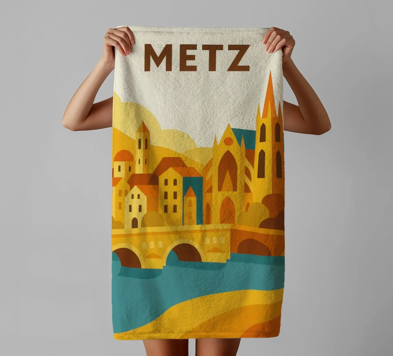 Metz, golden light on the cathedral city towel by JETLAG | affiches voyage