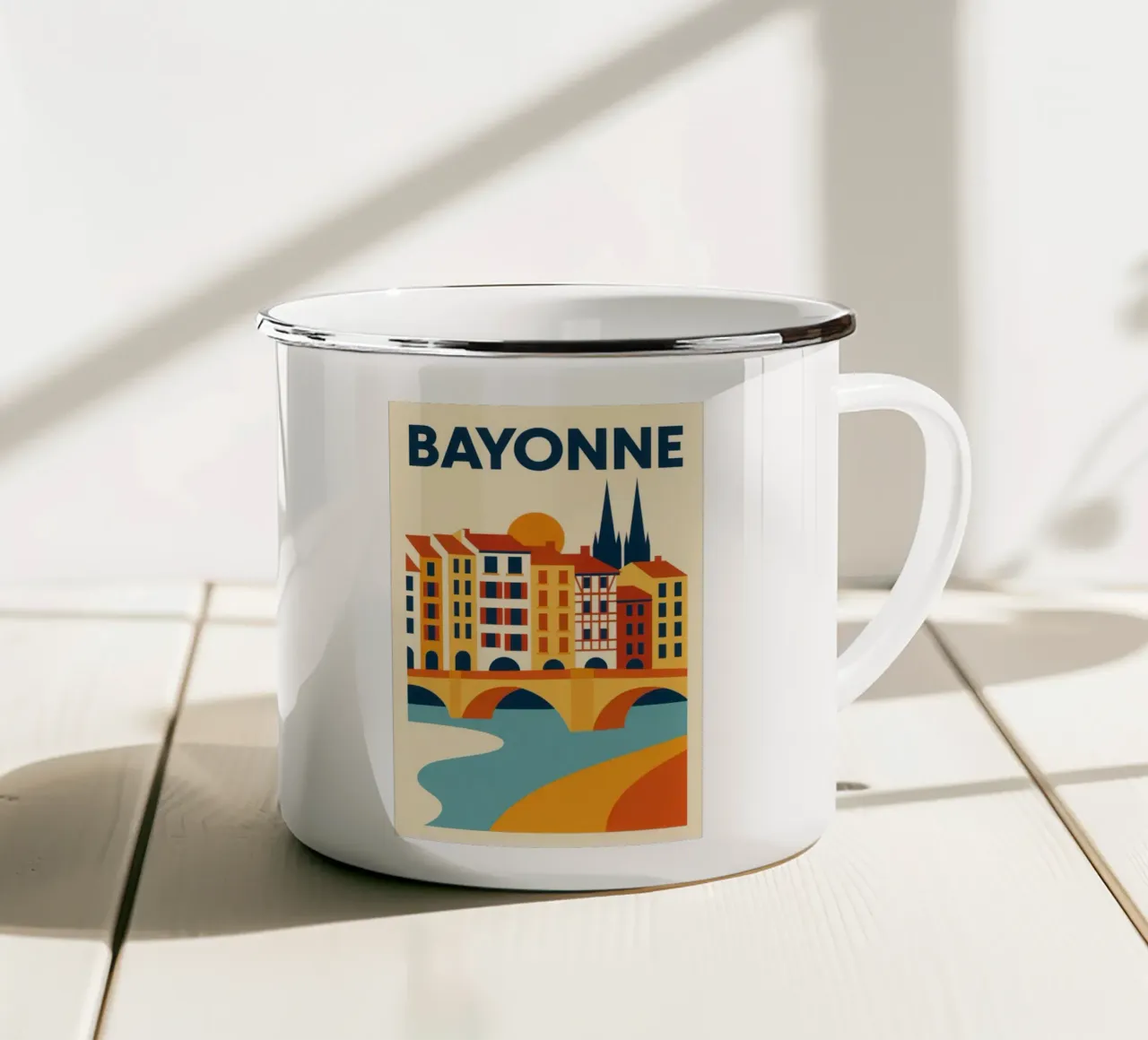 Bayonne, ponti, pinnacoli e peperoni tazza in smalto da JETLAG | affiches voyage