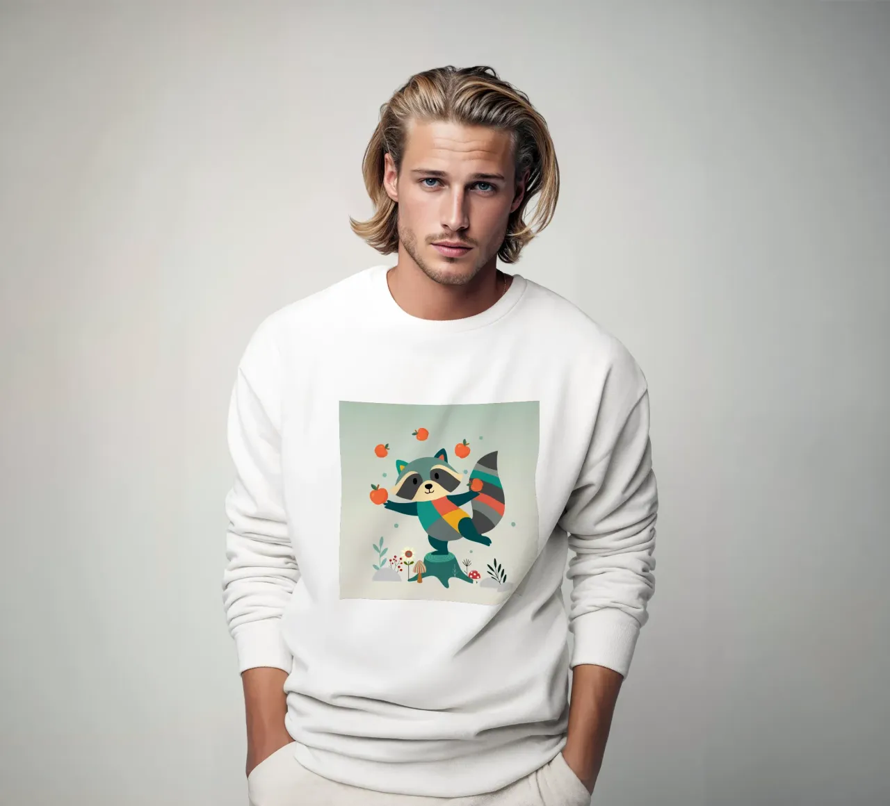 Raccoon juggles happily with apples - Playful motif sweatshirt by namosh