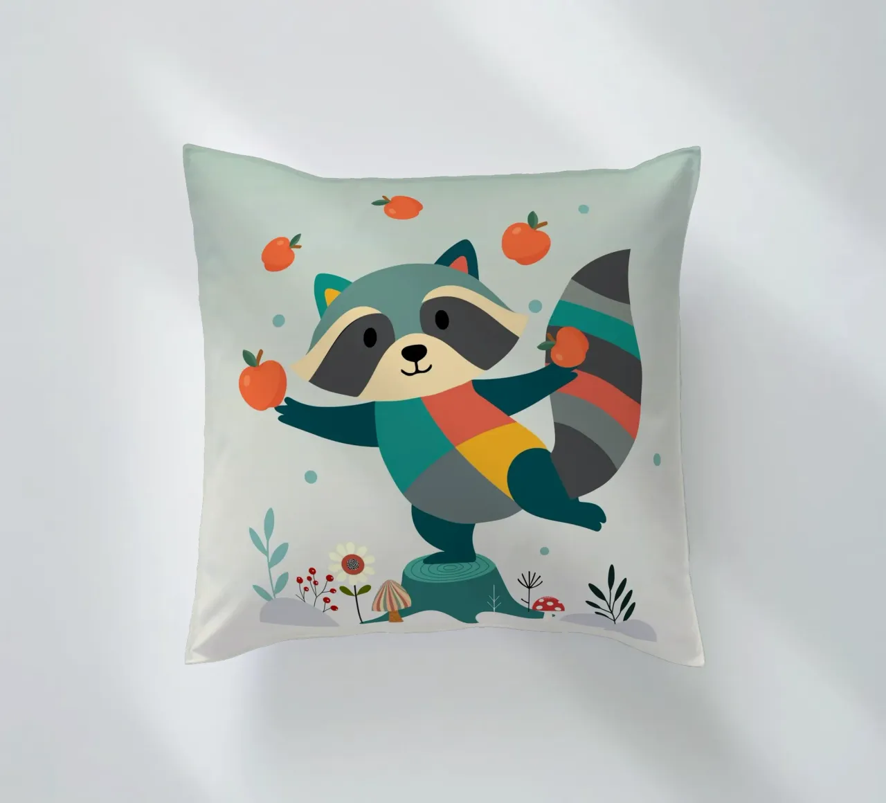 Raccoon juggles happily with apples - Playful motif decorative cushion by namosh
