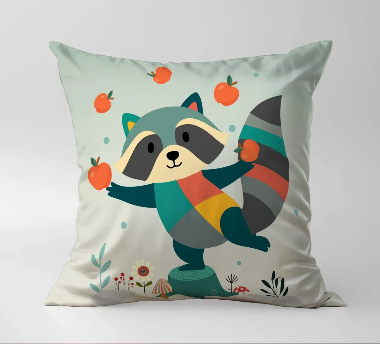 Raccoon juggles happily with apples - Playful motif decorative cushion by namosh