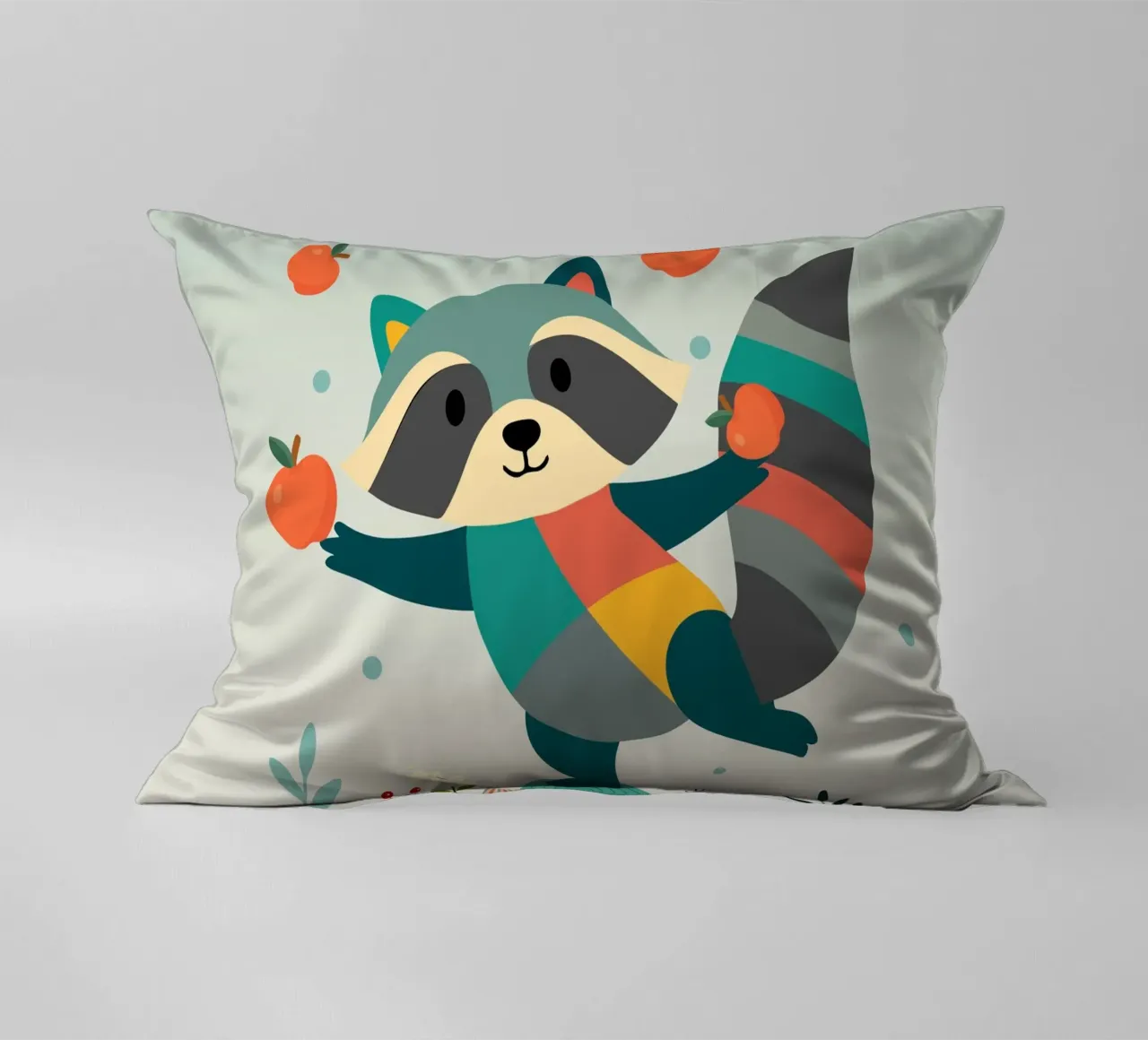 Raccoon juggles happily with apples - Playful motif decorative cushion by namosh