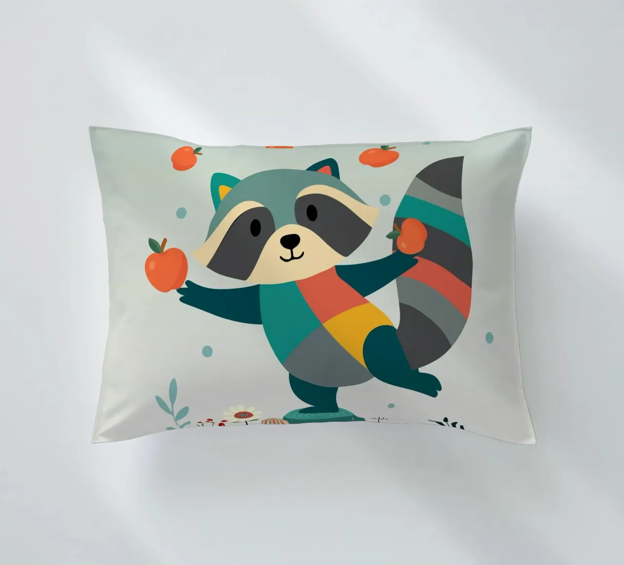 Raccoon juggles happily with apples - Playful motif decorative cushion by namosh
