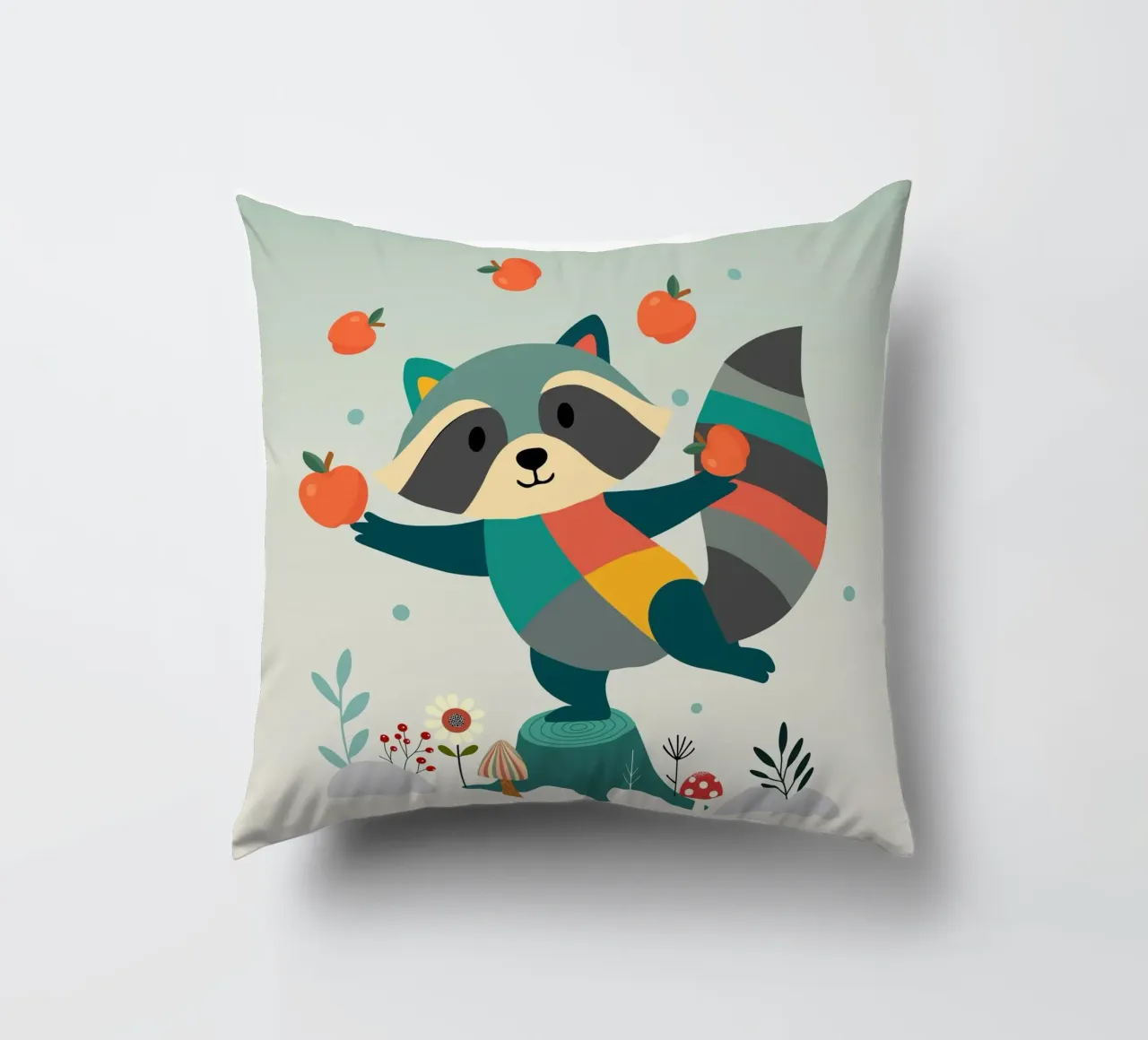 Raccoon juggles happily with apples - Playful motif decorative cushion by namosh