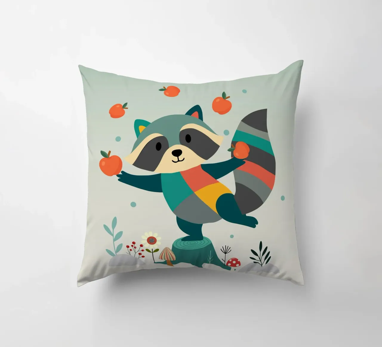 Raccoon juggles happily with apples - Playful motif decorative cushion by namosh