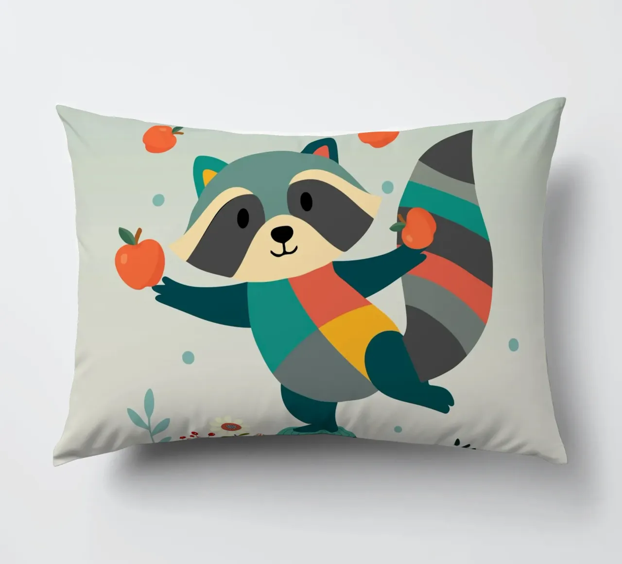 Raccoon juggles happily with apples - Playful motif decorative cushion by namosh