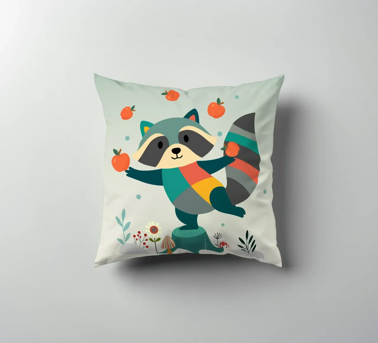 Raccoon juggles happily with apples - Playful motif decorative cushion by namosh