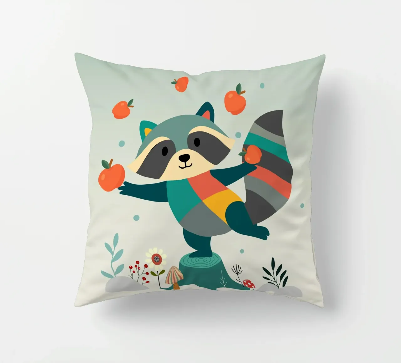Raccoon juggles happily with apples - Playful motif decorative cushion by namosh