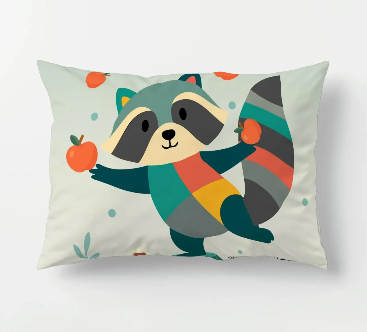 Raccoon juggles happily with apples - Playful motif decorative cushion by namosh