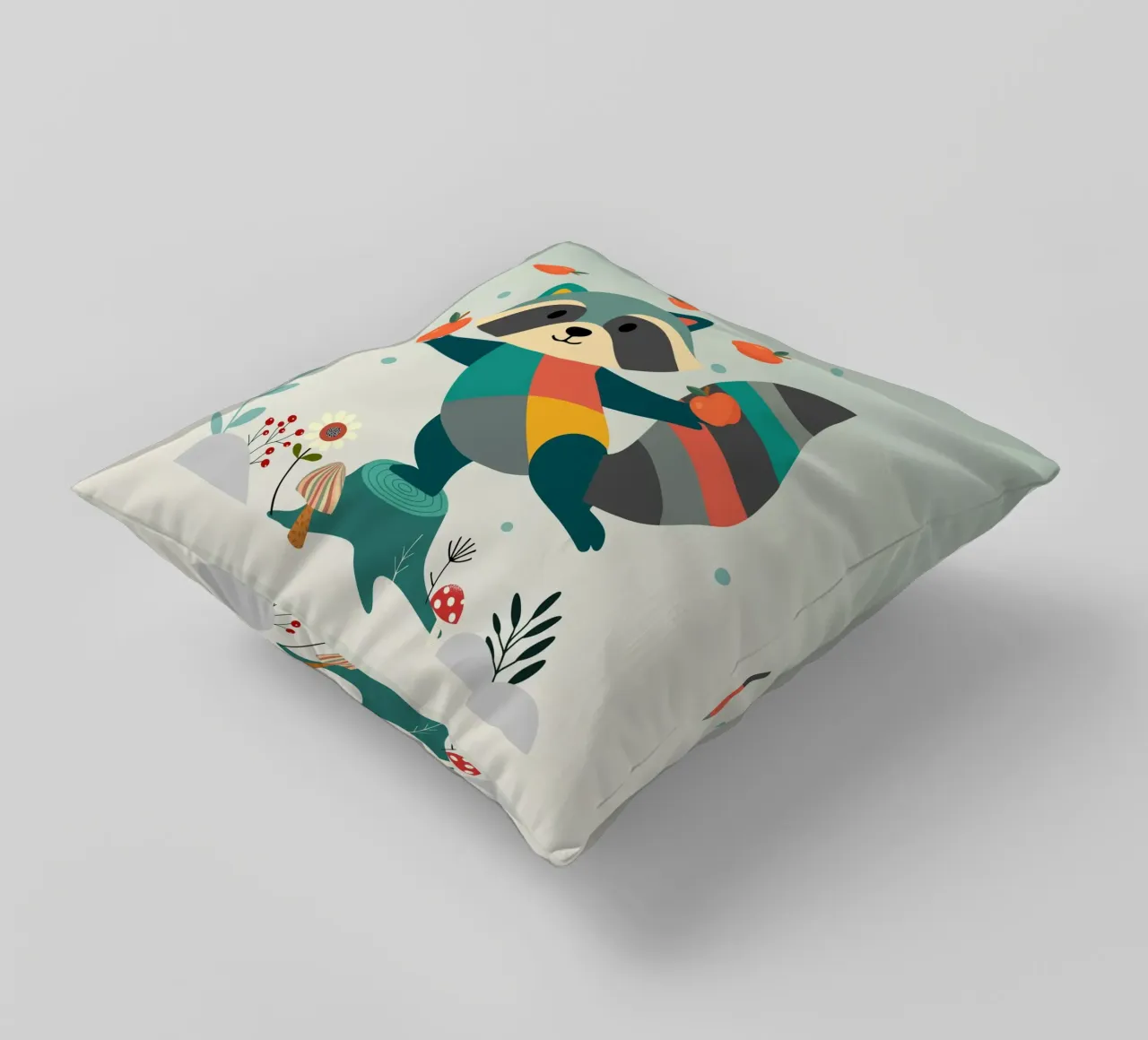 Raccoon juggles happily with apples - Playful motif decorative cushion by namosh