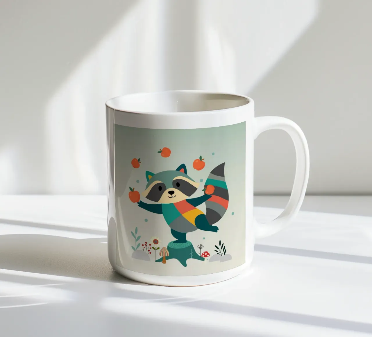 Raccoon juggles happily with apples - Playful motif ceramic mug by namosh