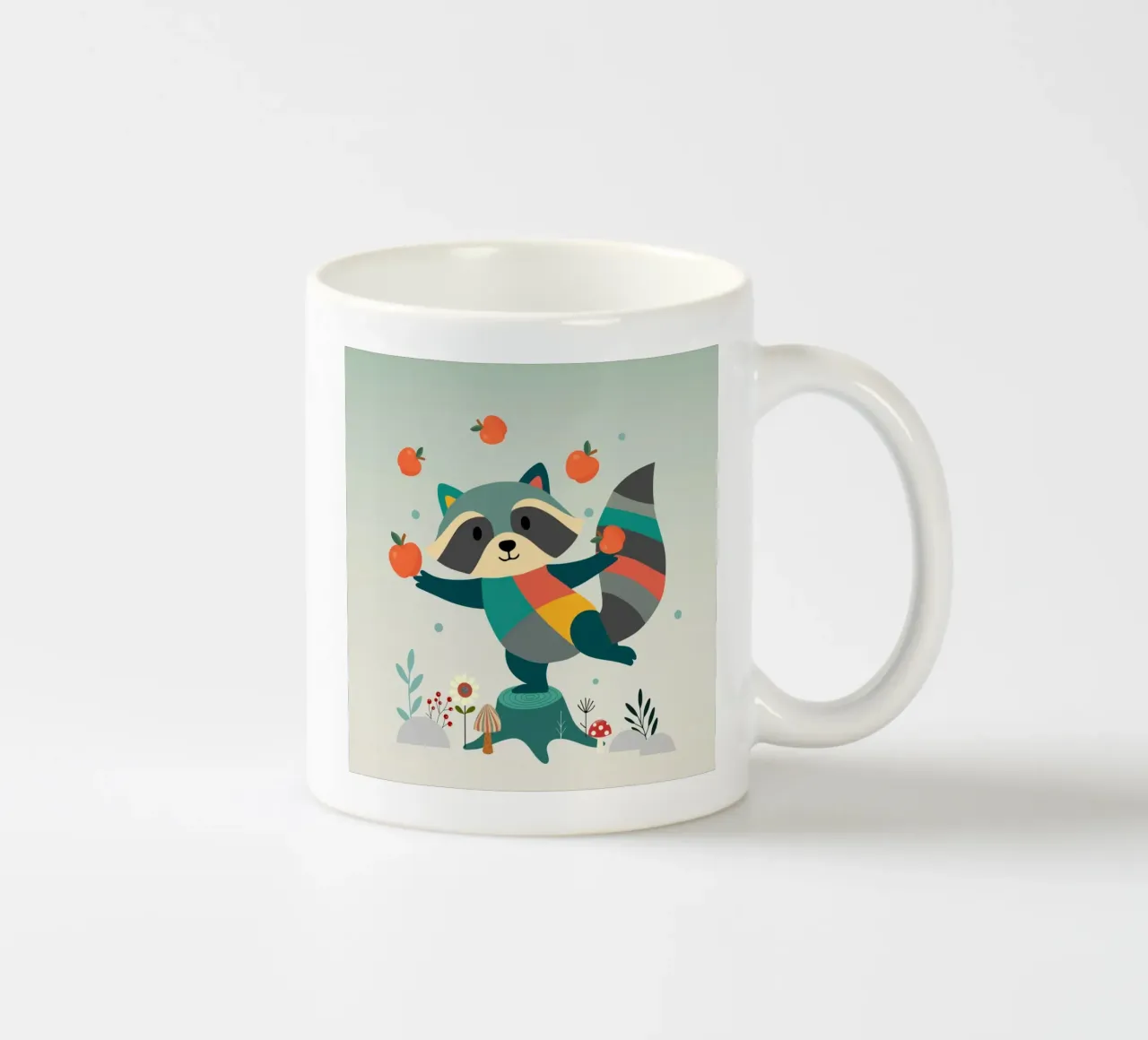 Raccoon juggles happily with apples - Playful motif ceramic mug by namosh