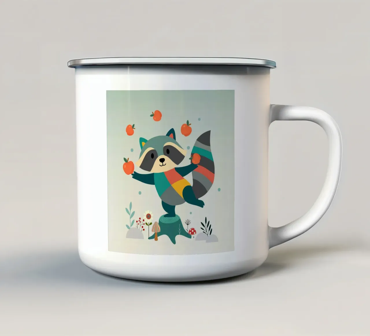 Raccoon juggles happily with apples - Playful motif enamel mug by namosh
