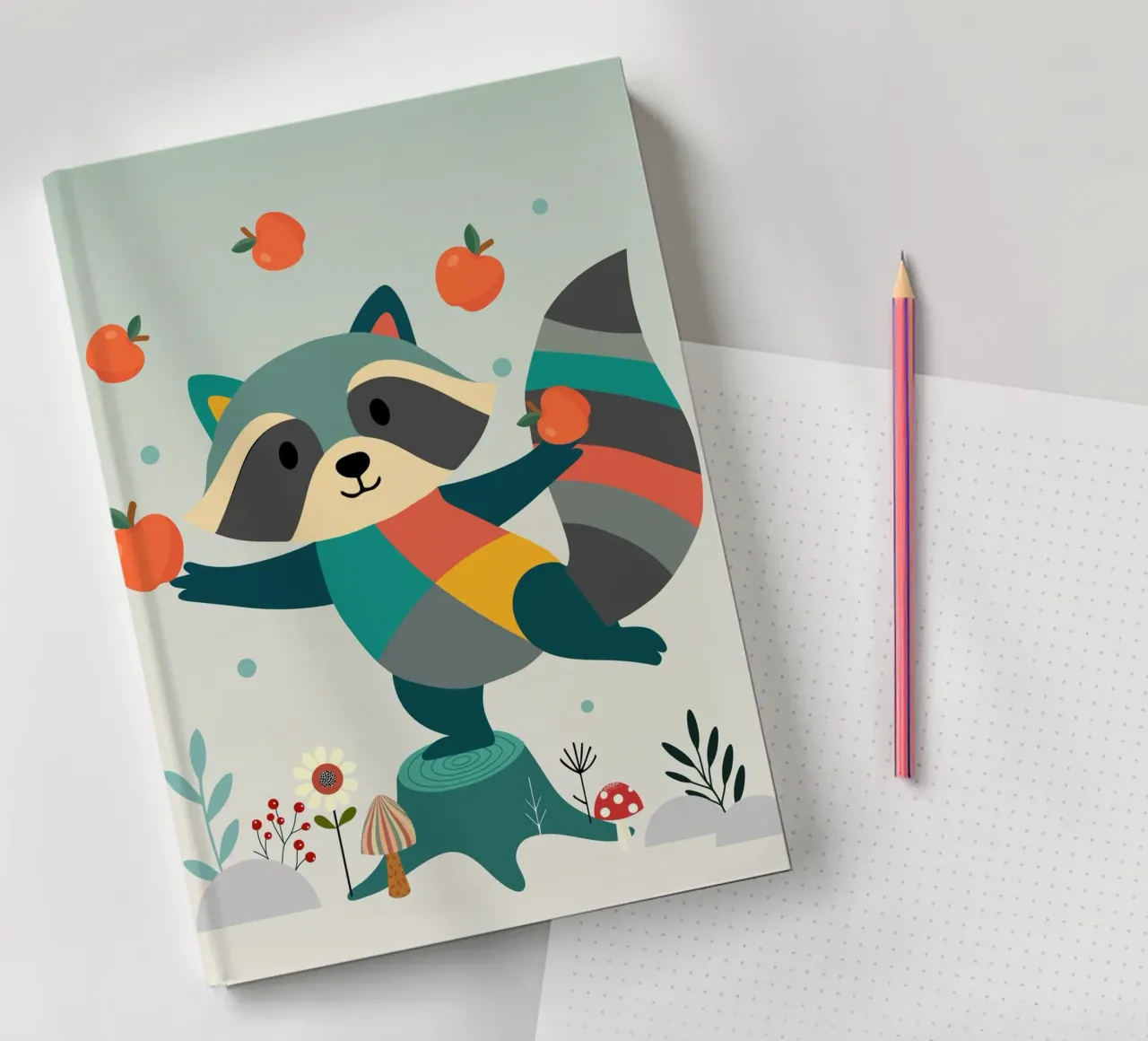 Raccoon juggles happily with apples - Playful motif notebook by namosh