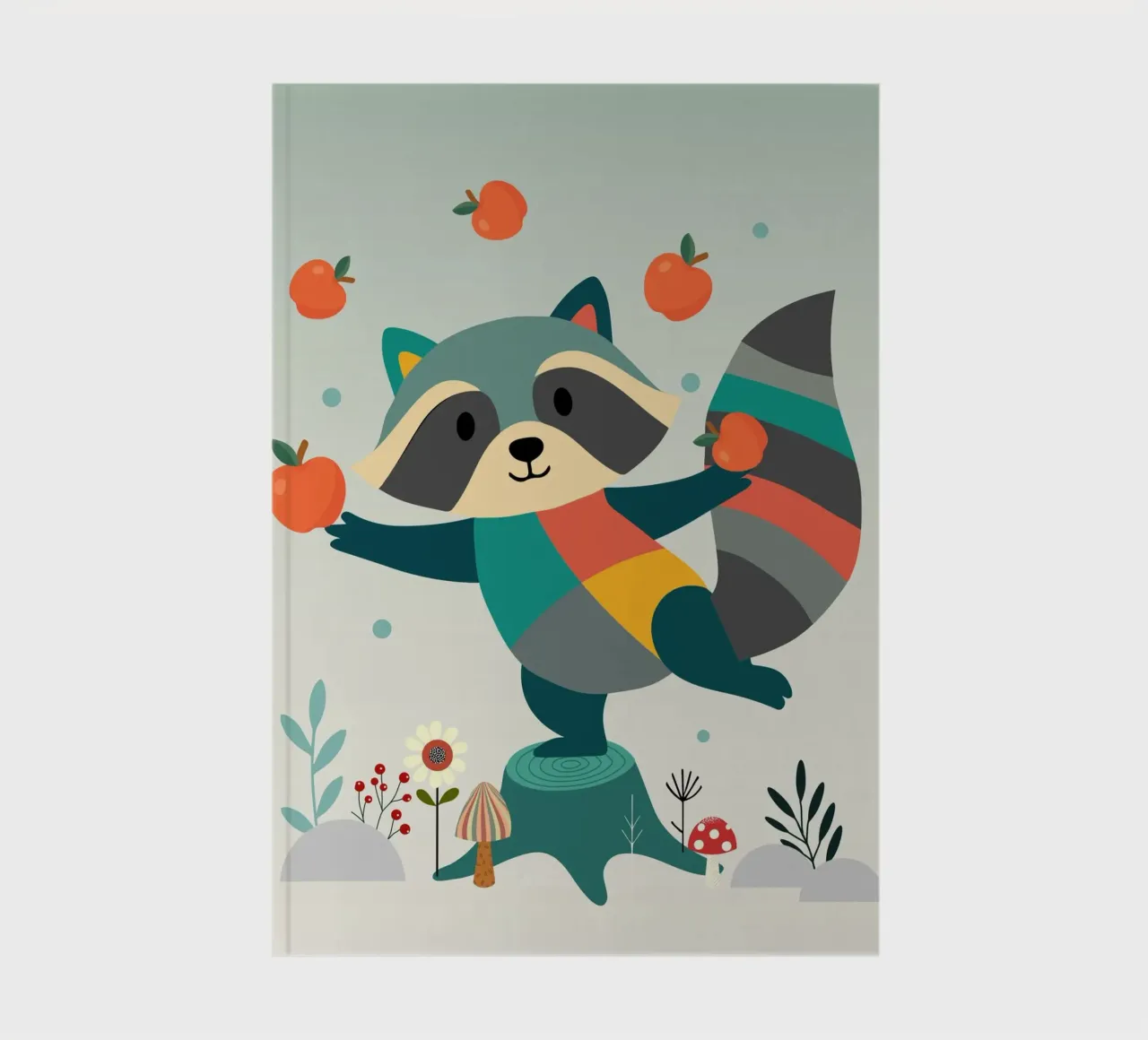 Raccoon juggles happily with apples - Playful motif notebook by namosh