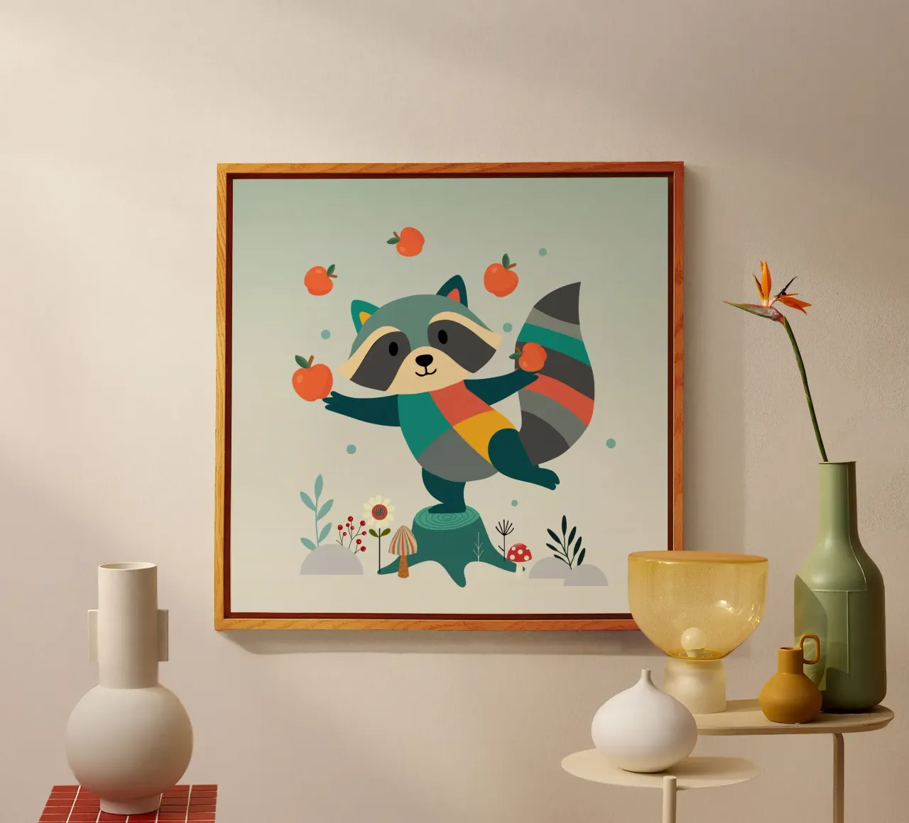 Raccoon juggles happily with apples - Playful motif acrylic glass by namosh
