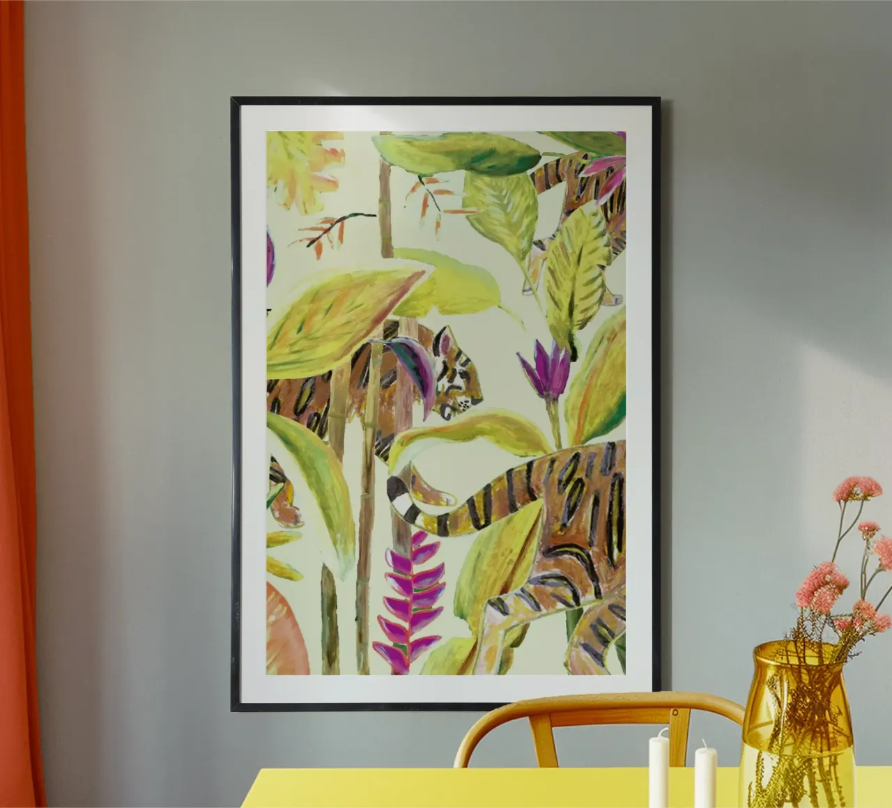 Tiger Jungle Yellow poster con telaio in legno da Femke Zwaan