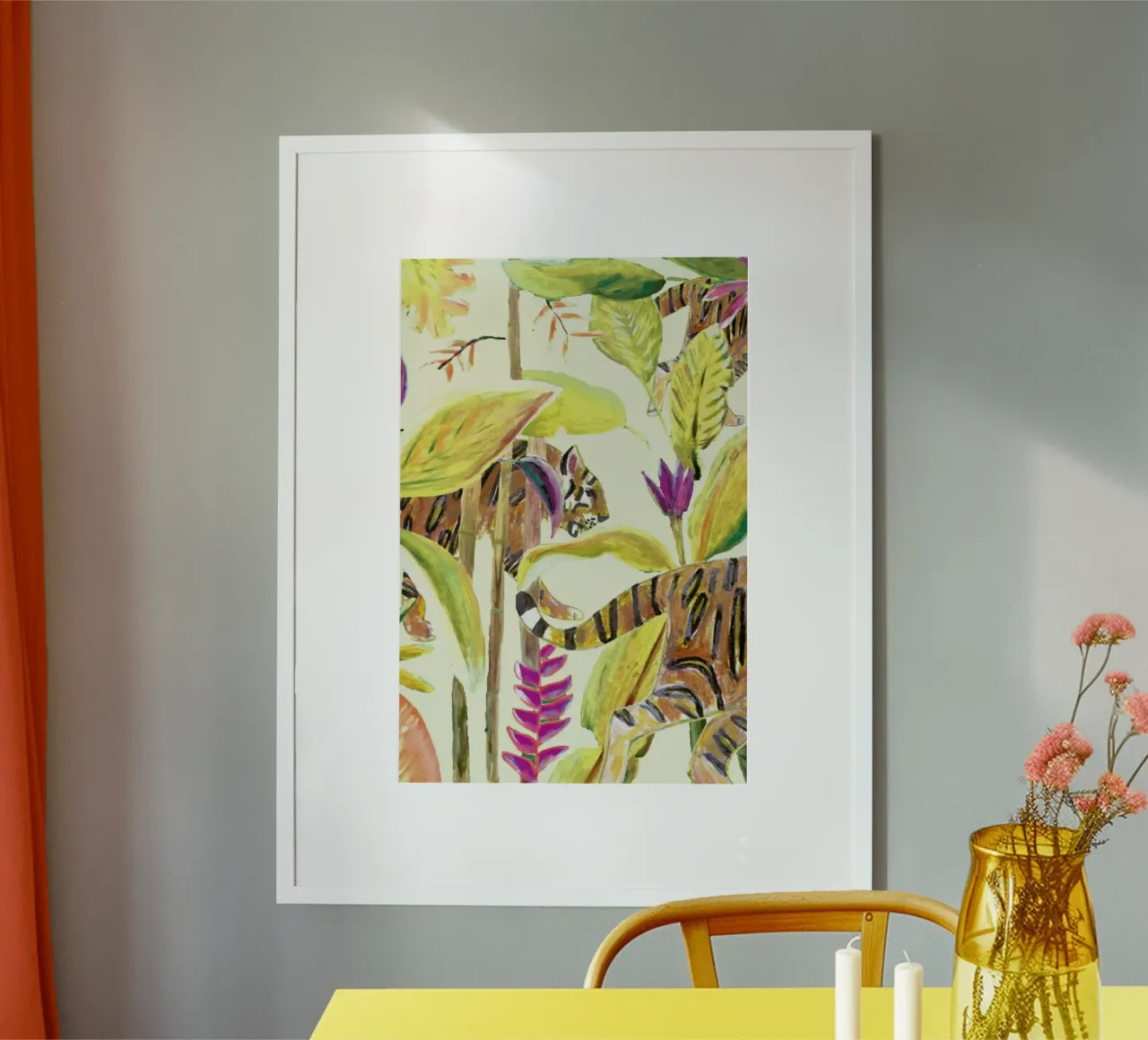 Tiger Jungle Yellow poster con telaio in legno da Femke Zwaan