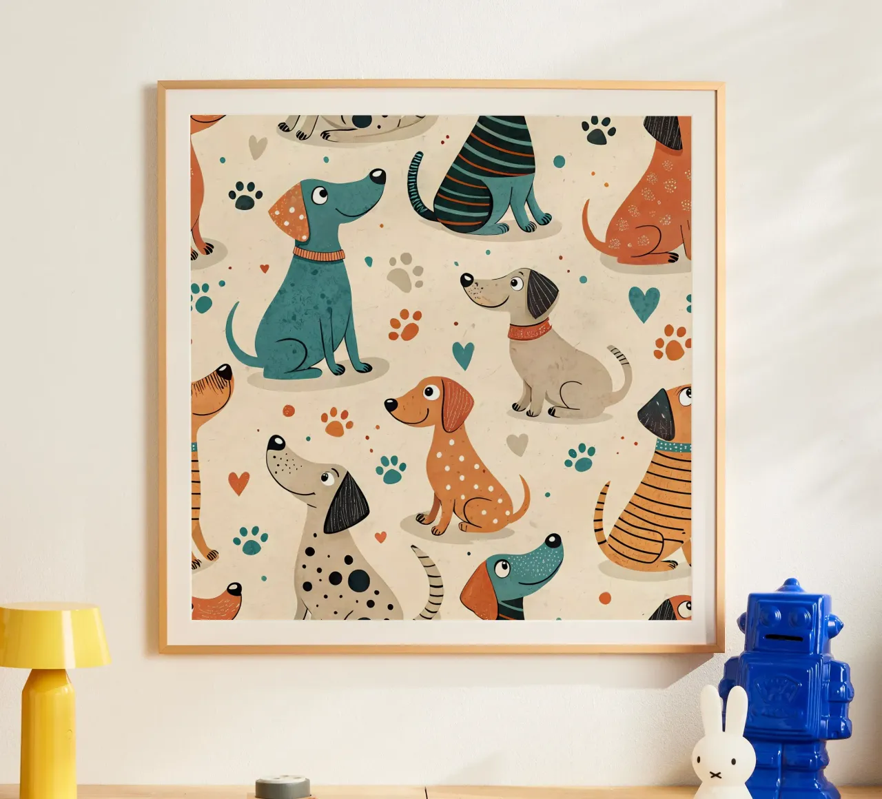 Modello di scarabocchio per cani poster con telaio in alluminio da Happy Littles