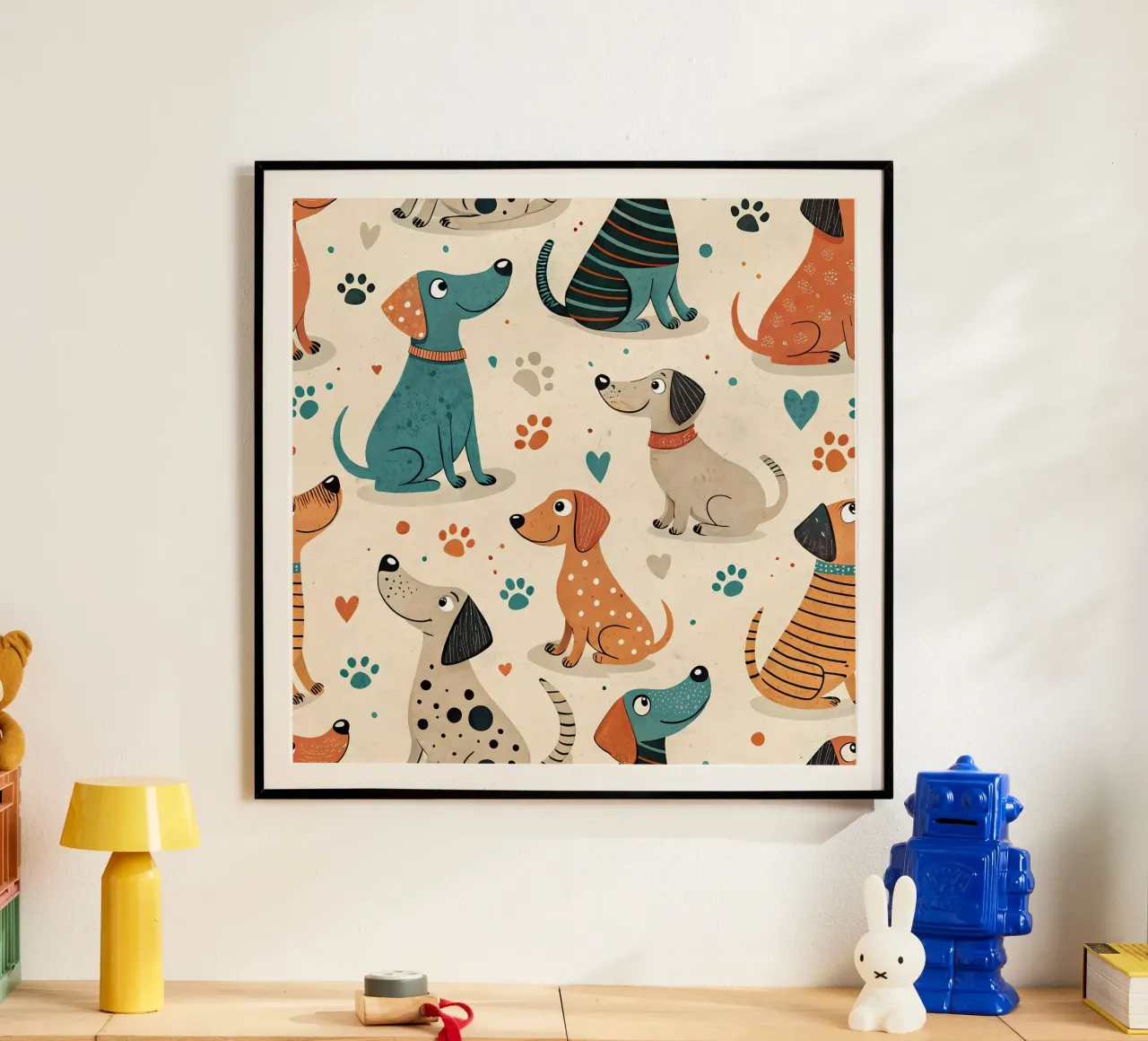 Modello di scarabocchio per cani poster con telaio in alluminio da Happy Littles