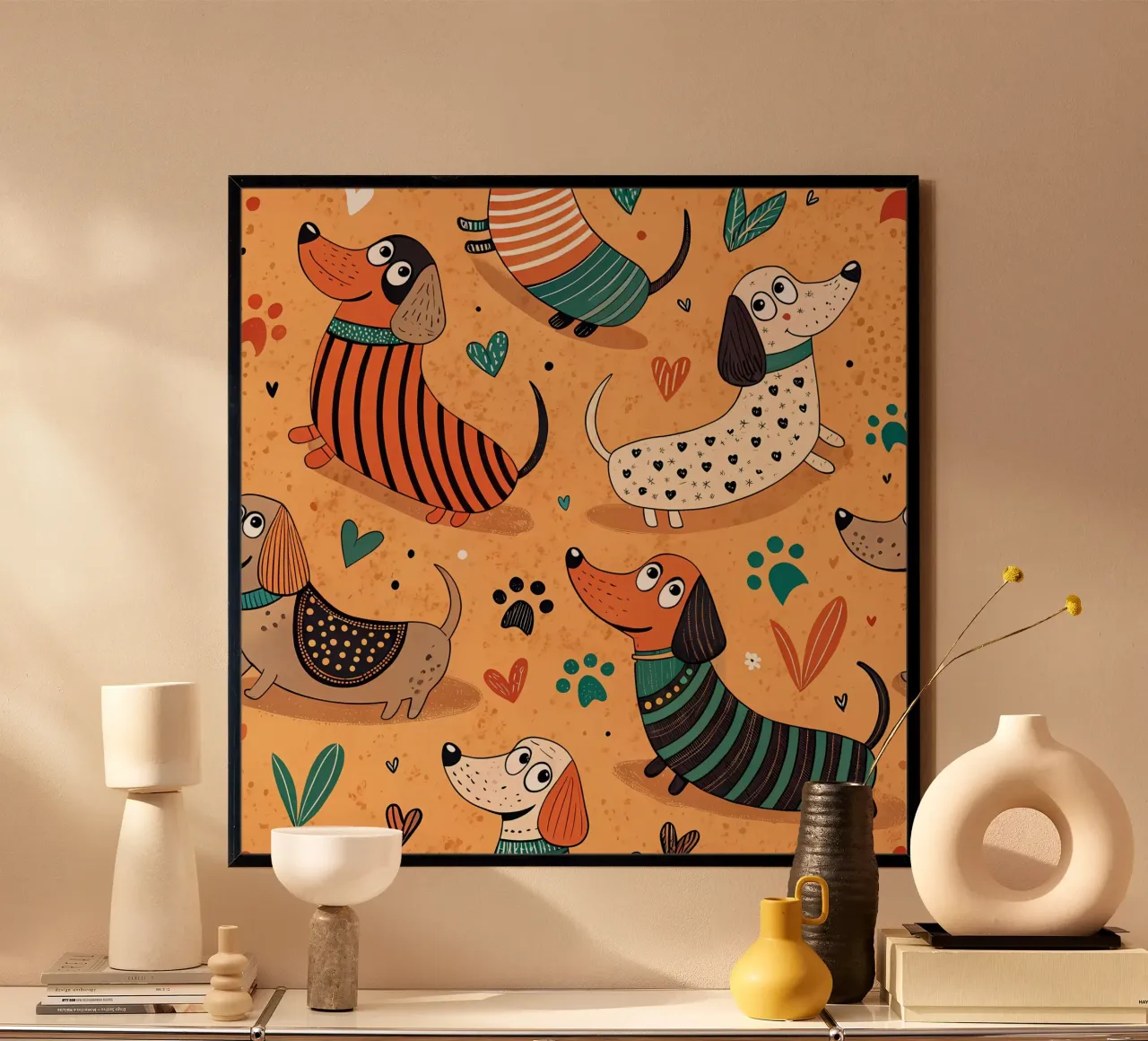Modello di scarabocchio per cani poster con telaio in legno da Happy Littles