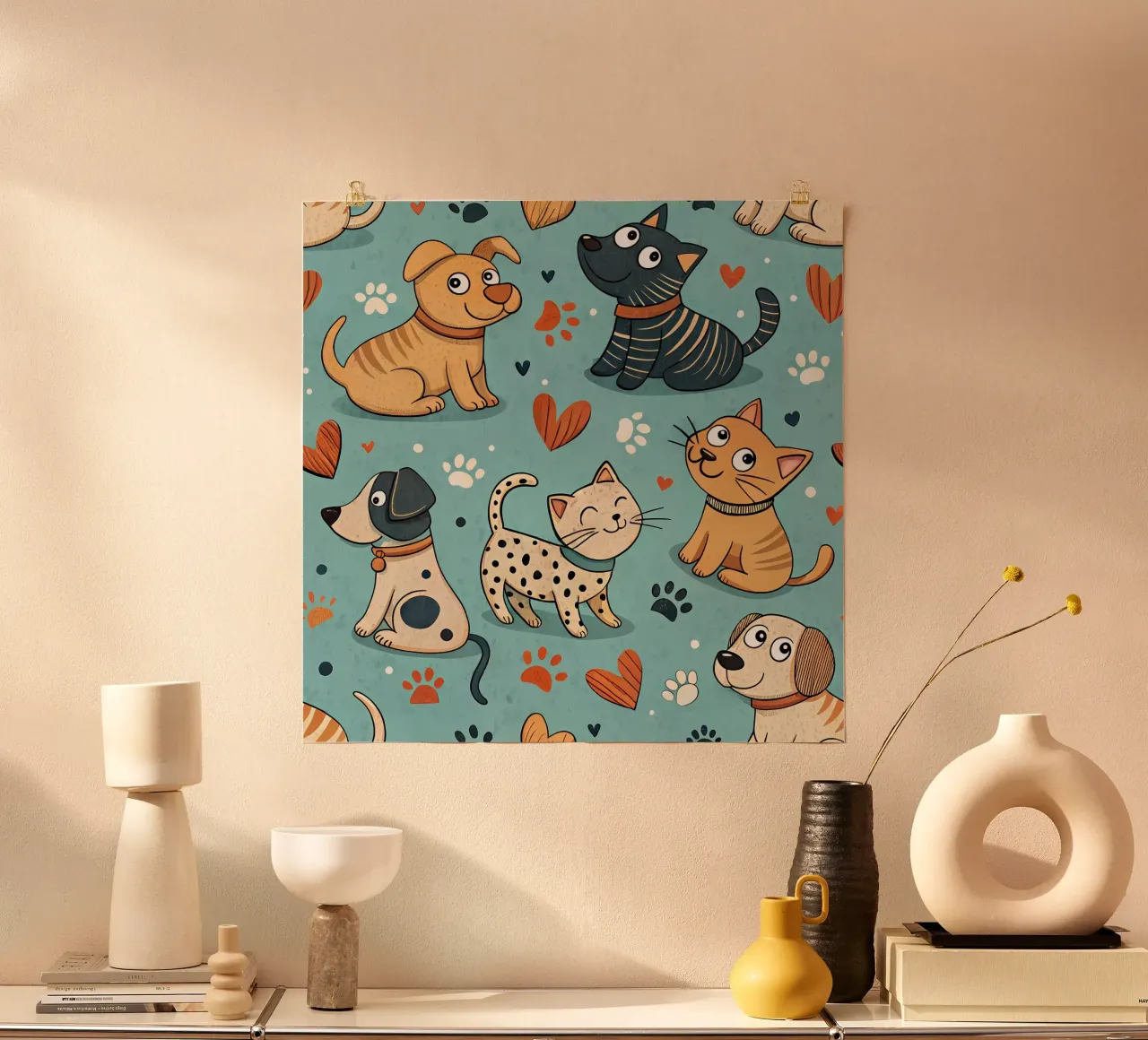 Modello di scarabocchio per cani poster con telaio in legno da Happy Littles