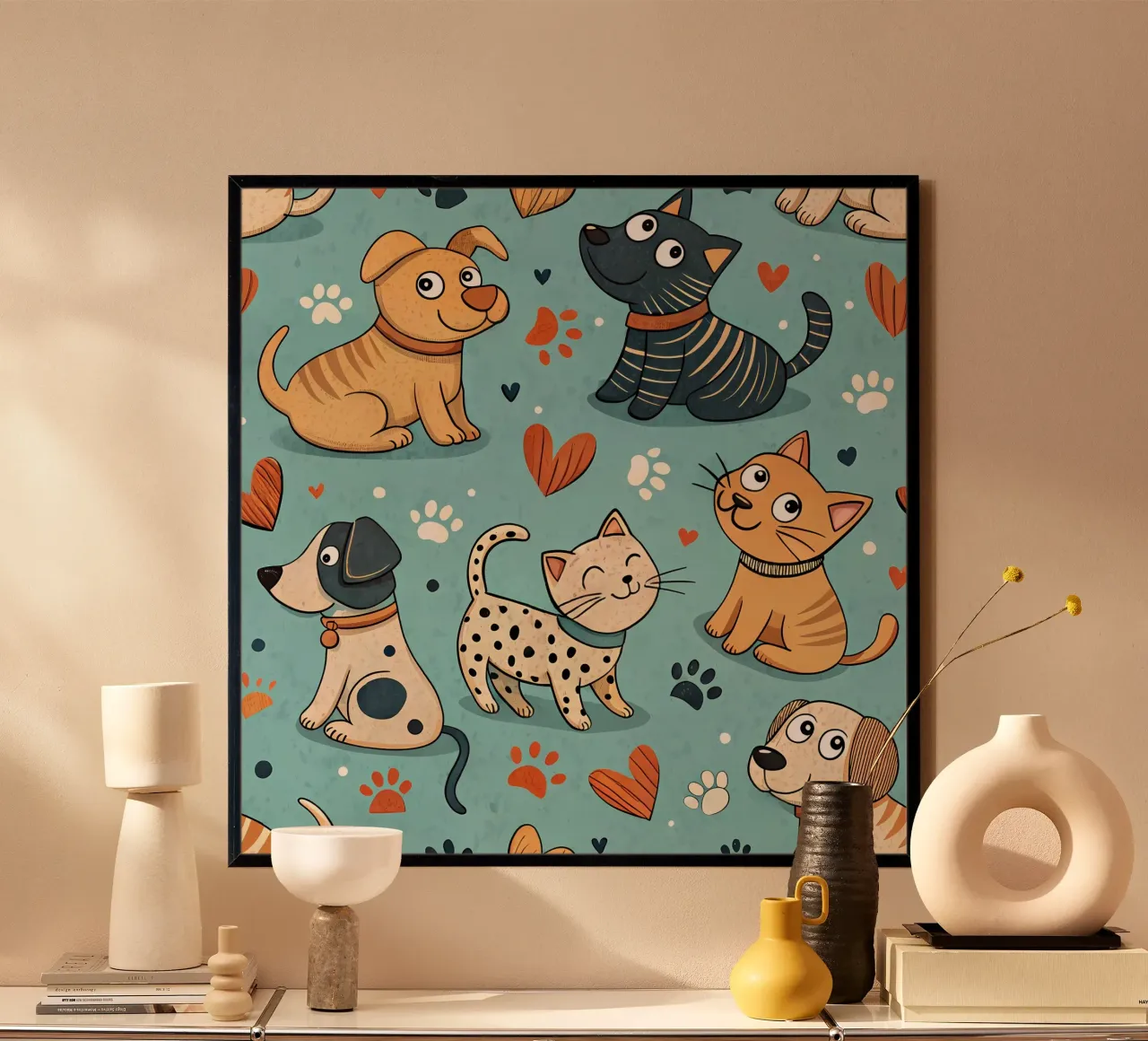 Modello di scarabocchio per cani poster con telaio in legno da Happy Littles