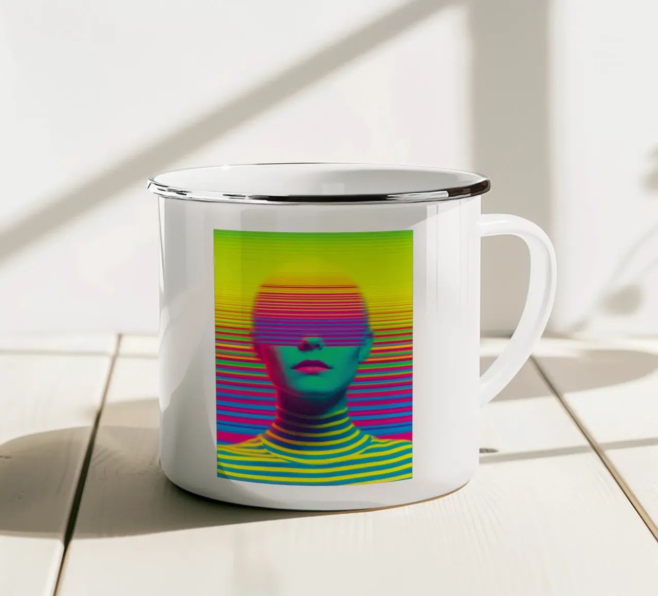 Ritratto d'avanguardia di una donna al neon tazza in smalto da Autofocus