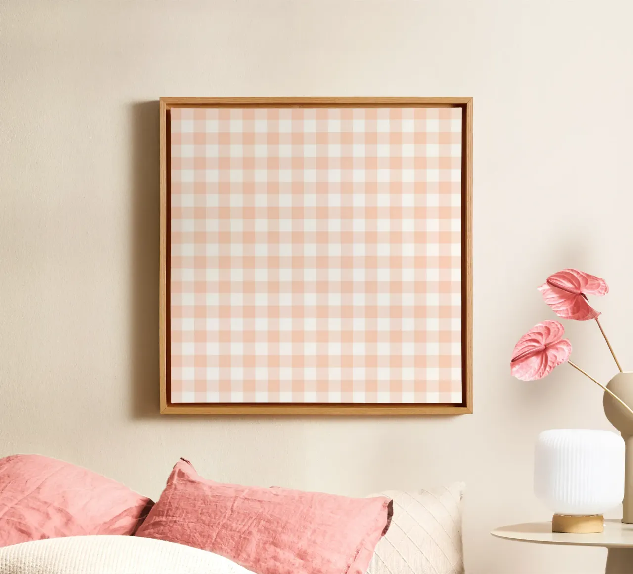 Pastel Apricot Gingham canvas with Floater frame by Happy Littles