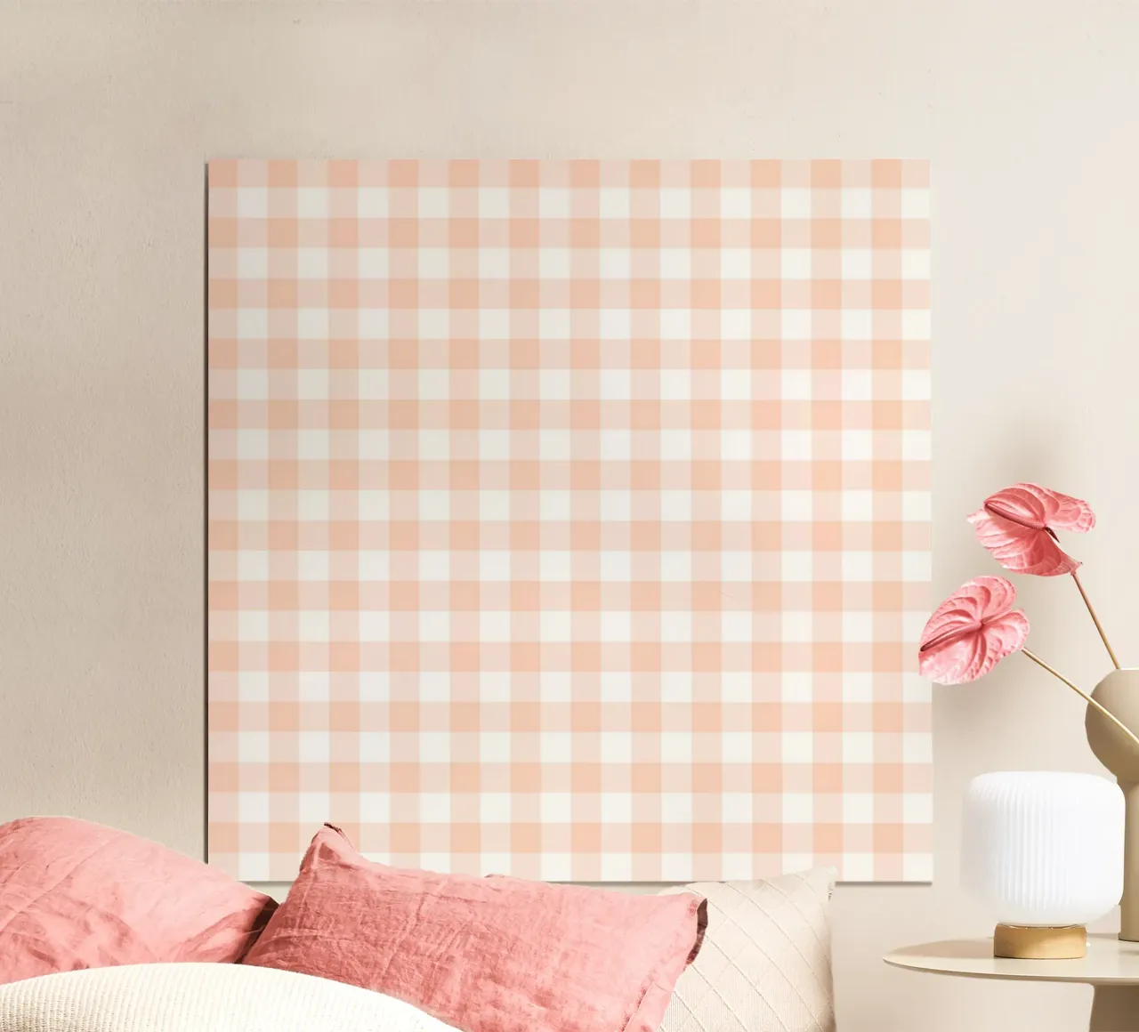 Pastell Apricot Gingham Poster mit Aluminium Rahmen von Happy Littles