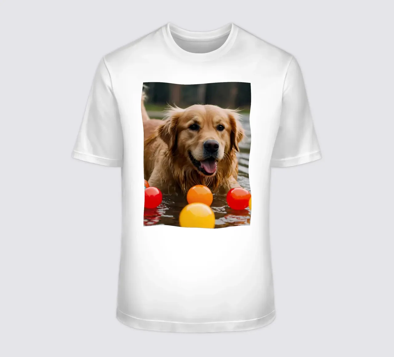 Golden retriever che gioca allegramente in acqua circondato da palline t-shirt da DesignDoodle