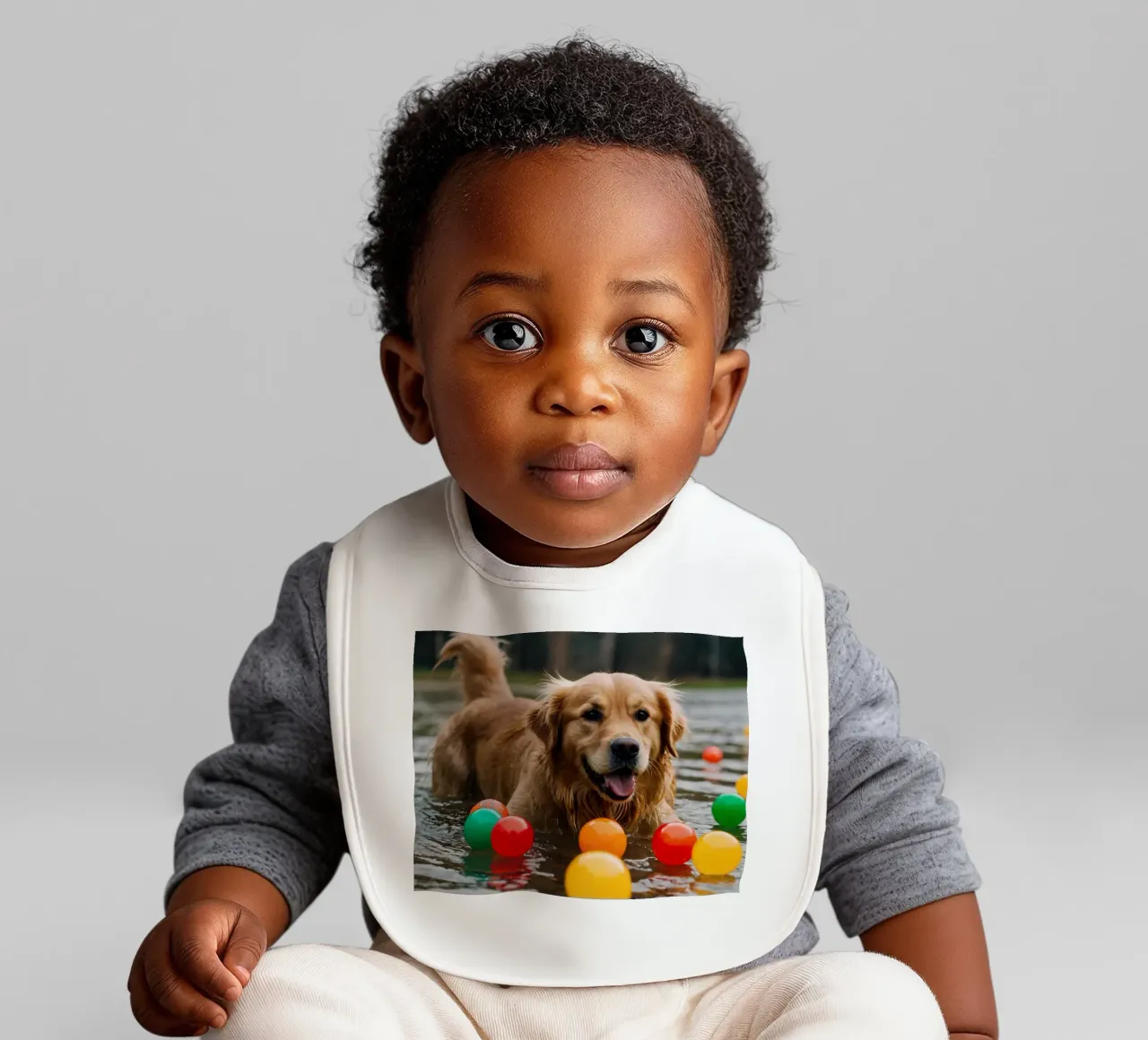 Golden retriever che gioca allegramente in acqua circondato da palline bavaglino da DesignDoodle