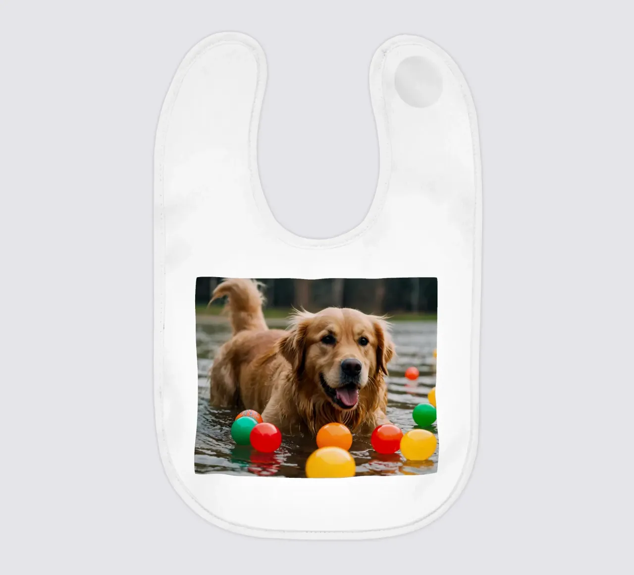 Golden retriever che gioca allegramente in acqua circondato da palline bavaglino da DesignDoodle
